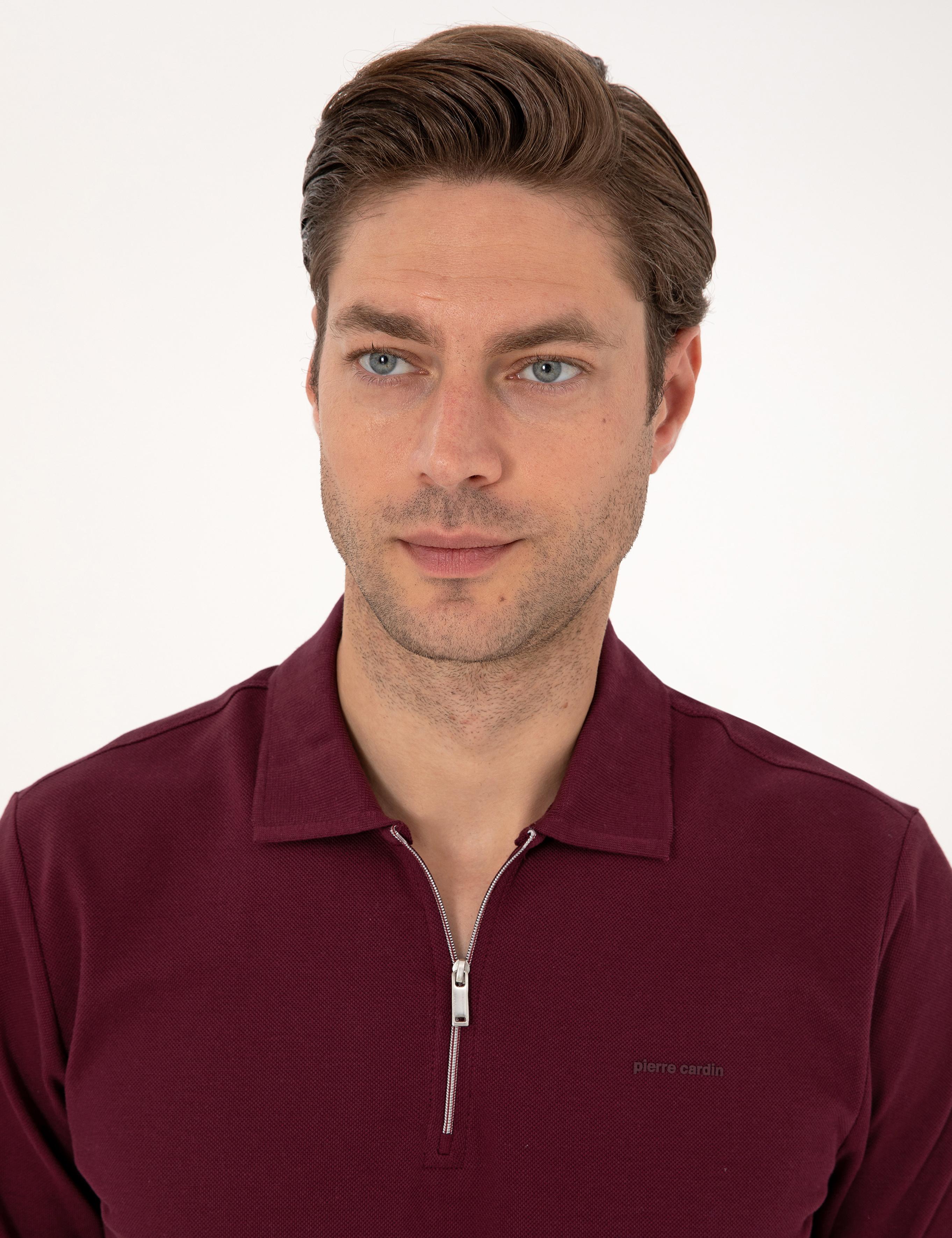 Bordo Slim Fit Kıvrılmaz Fermuarlı Polo Yaka Basic Pike Sweatshirt