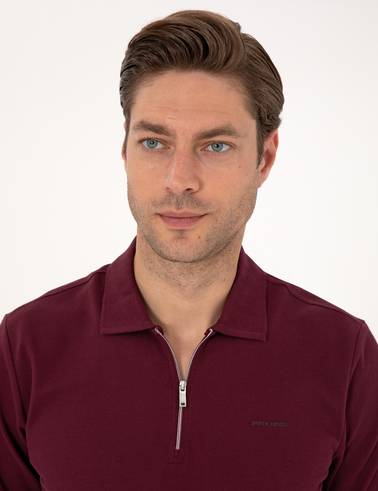 Bordo Slim Fit Kıvrılmaz Fermuarlı Polo Yaka Basic Pike Sweatshirt