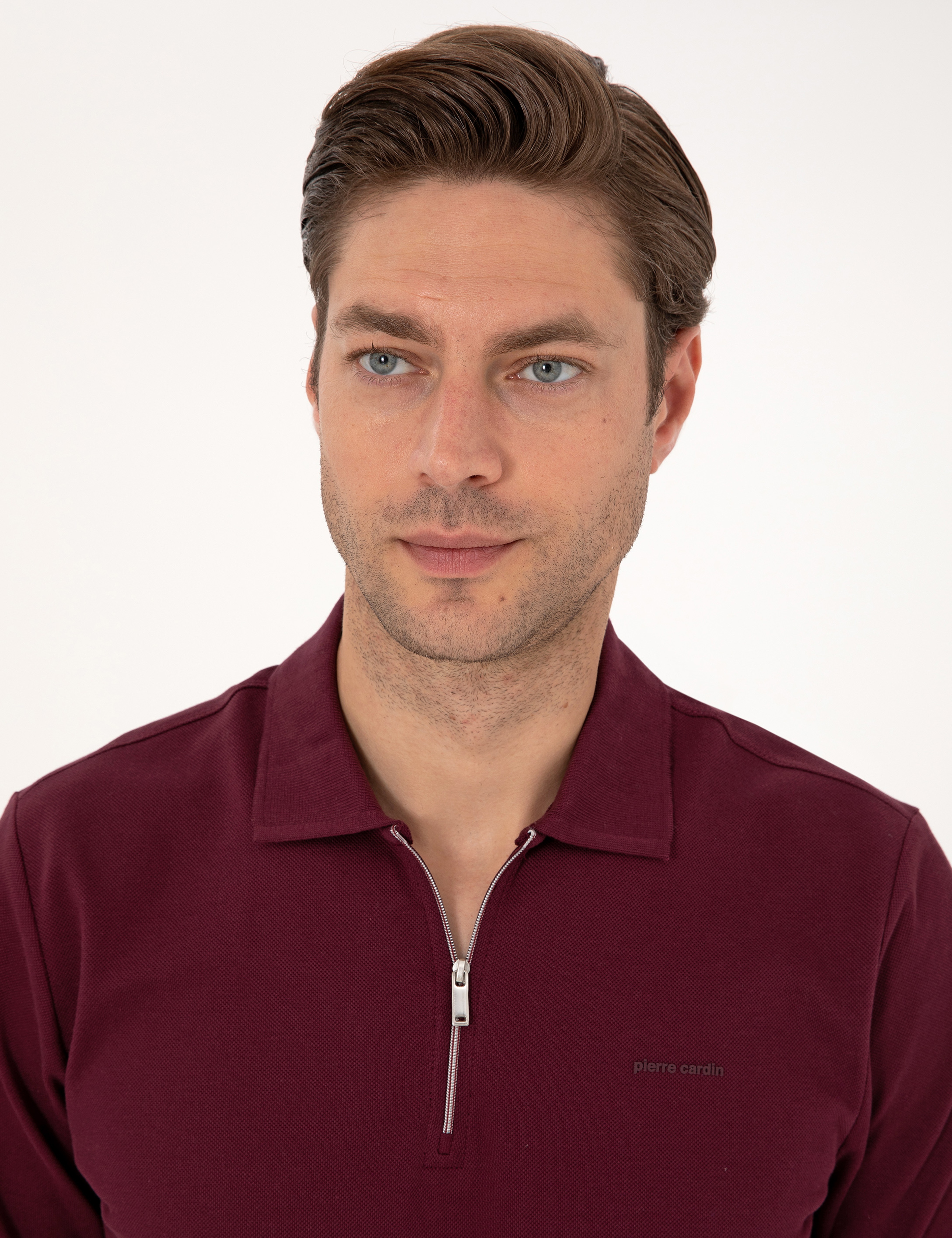 Bordo Slim Fit Kıvrılmaz Fermuarlı Polo Yaka Basic Pike Sweatshirt