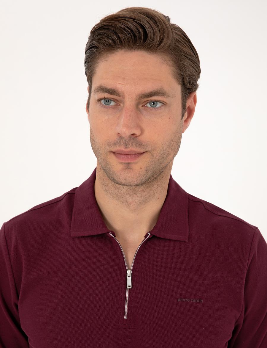 Bordo Slim Fit Kıvrılmaz Fermuarlı Polo Yaka Basic Pike Sweatshirt