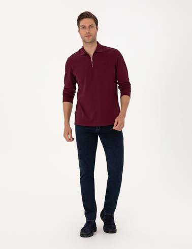 Bordo Slim Fit Kıvrılmaz Fermuarlı Polo Yaka Basic Pike Sweatshirt