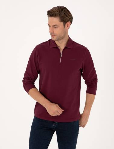 Bordo Slim Fit Kıvrılmaz Fermuarlı Polo Yaka Basic Pike Sweatshirt