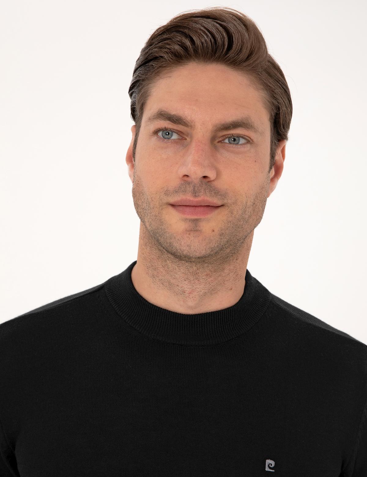 Siyah Slim Fit Çeyrek Yaka Basic Triko Kazak - 50314188016