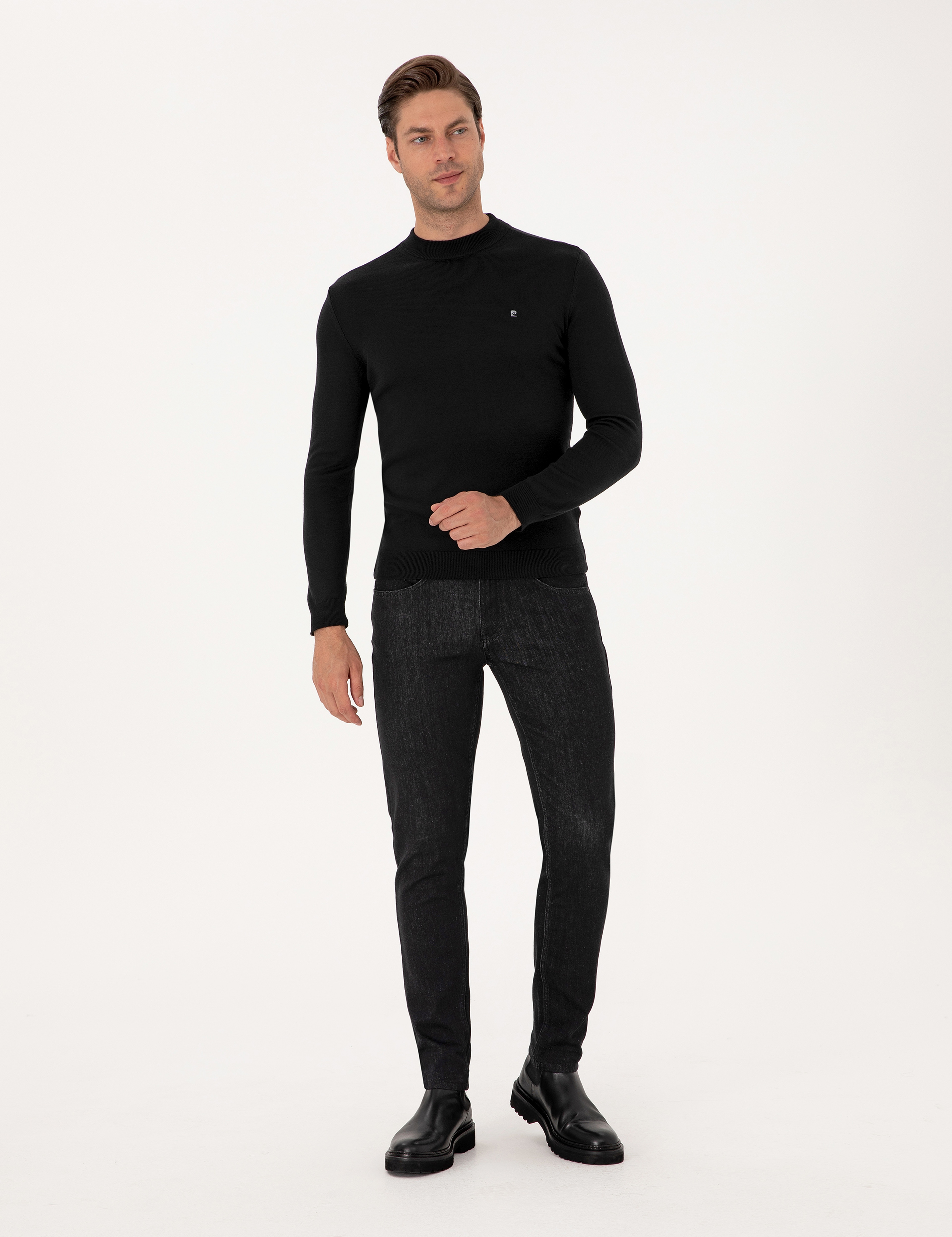 Siyah Slim Fit Çeyrek Yaka Basic Triko Kazak - Image 4