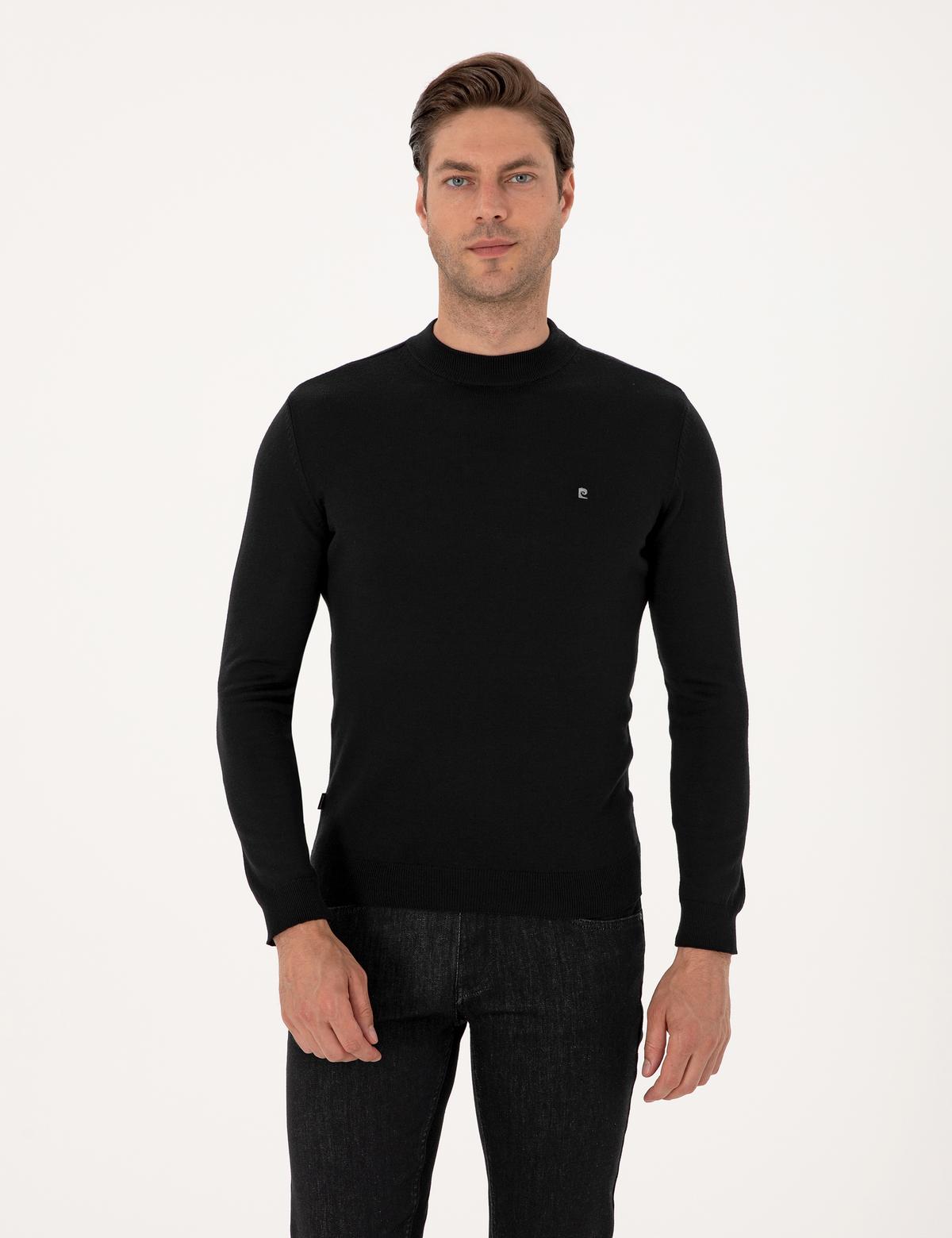 Siyah Slim Fit Çeyrek Yaka Basic Triko Kazak