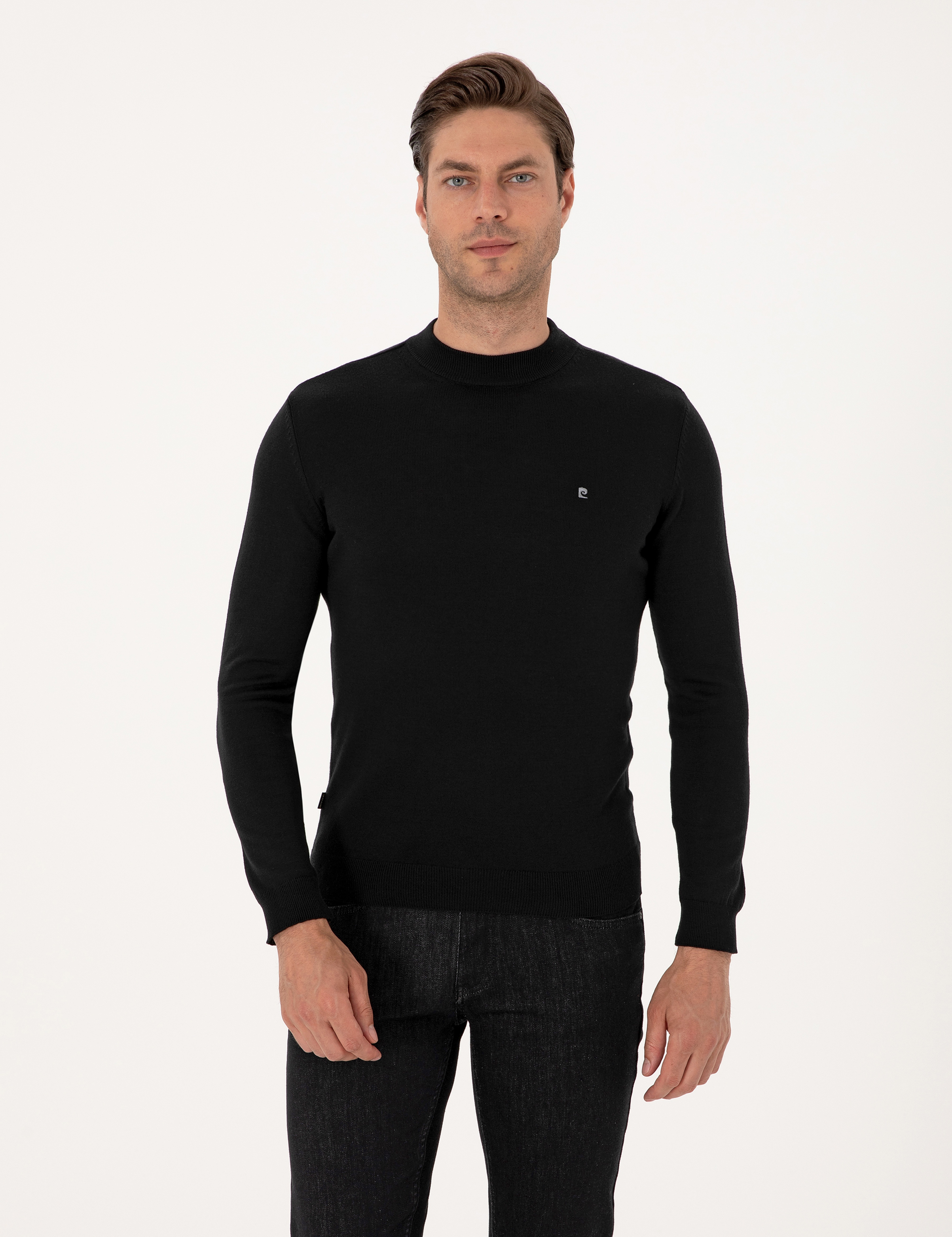 Siyah Slim Fit Çeyrek Yaka Basic Triko Kazak - Image 1