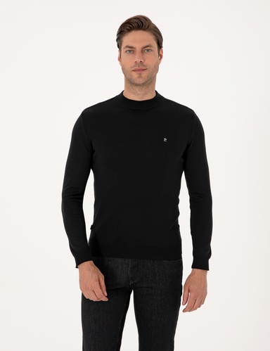 Siyah Slim Fit Çeyrek Yaka Basic Triko Kazak