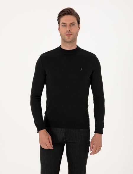 Siyah Slim Fit Çeyrek Yaka Basic Triko Kazak - 50314188016