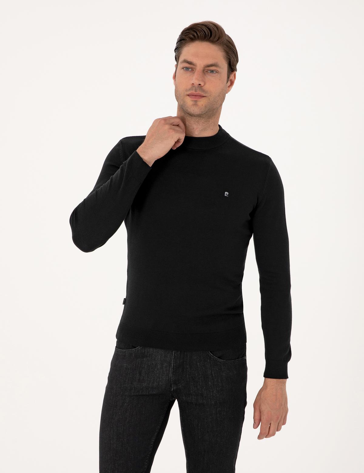 Siyah Slim Fit Çeyrek Yaka Basic Triko Kazak - 50314188016