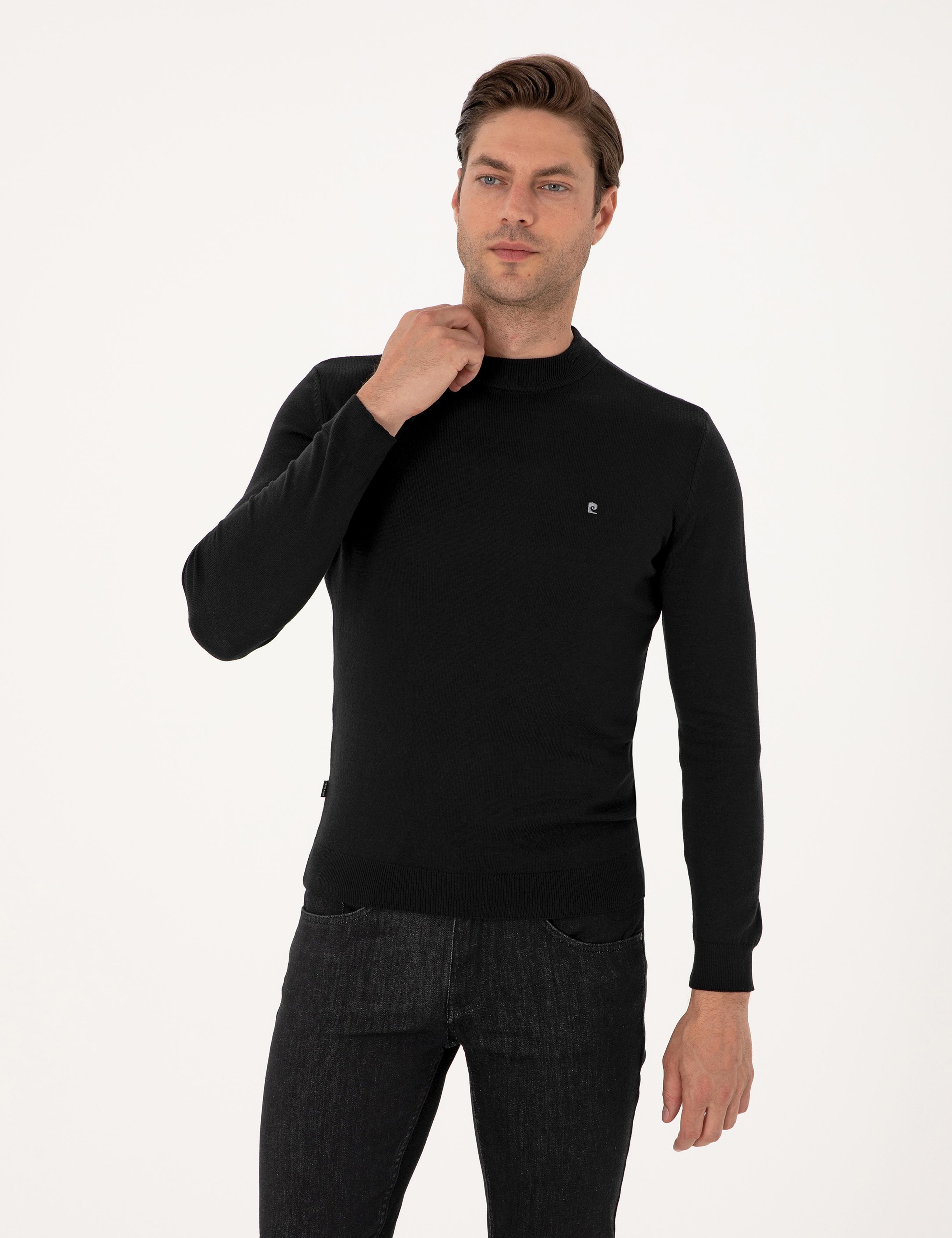 Siyah Slim Fit Çeyrek Yaka Basic Triko Kazak