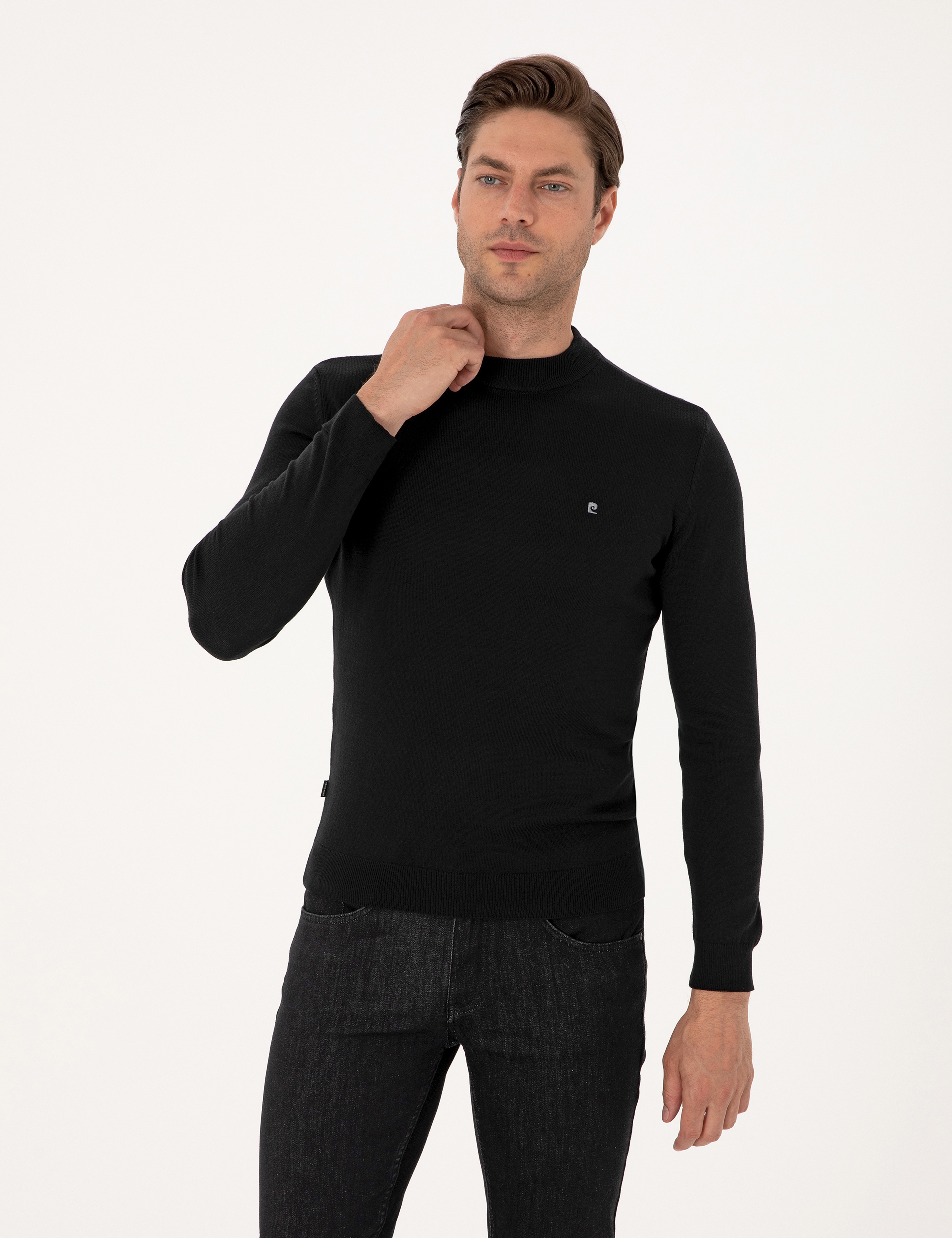 Siyah Slim Fit Çeyrek Yaka Basic Triko Kazak - Image 3