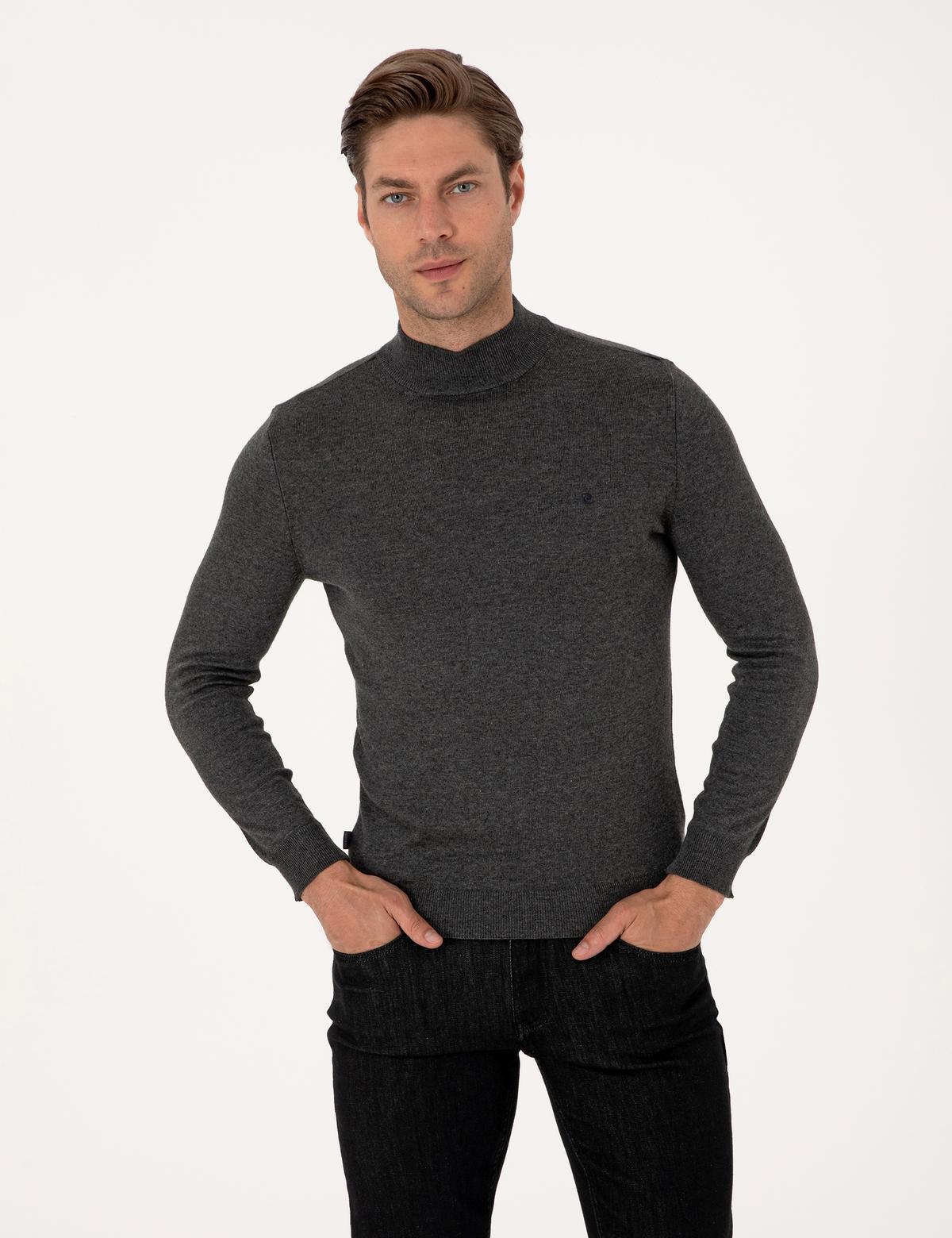 Antrasit Melanj  Slim Fit Yarım Balıkçı Yaka Basic Triko Kazak