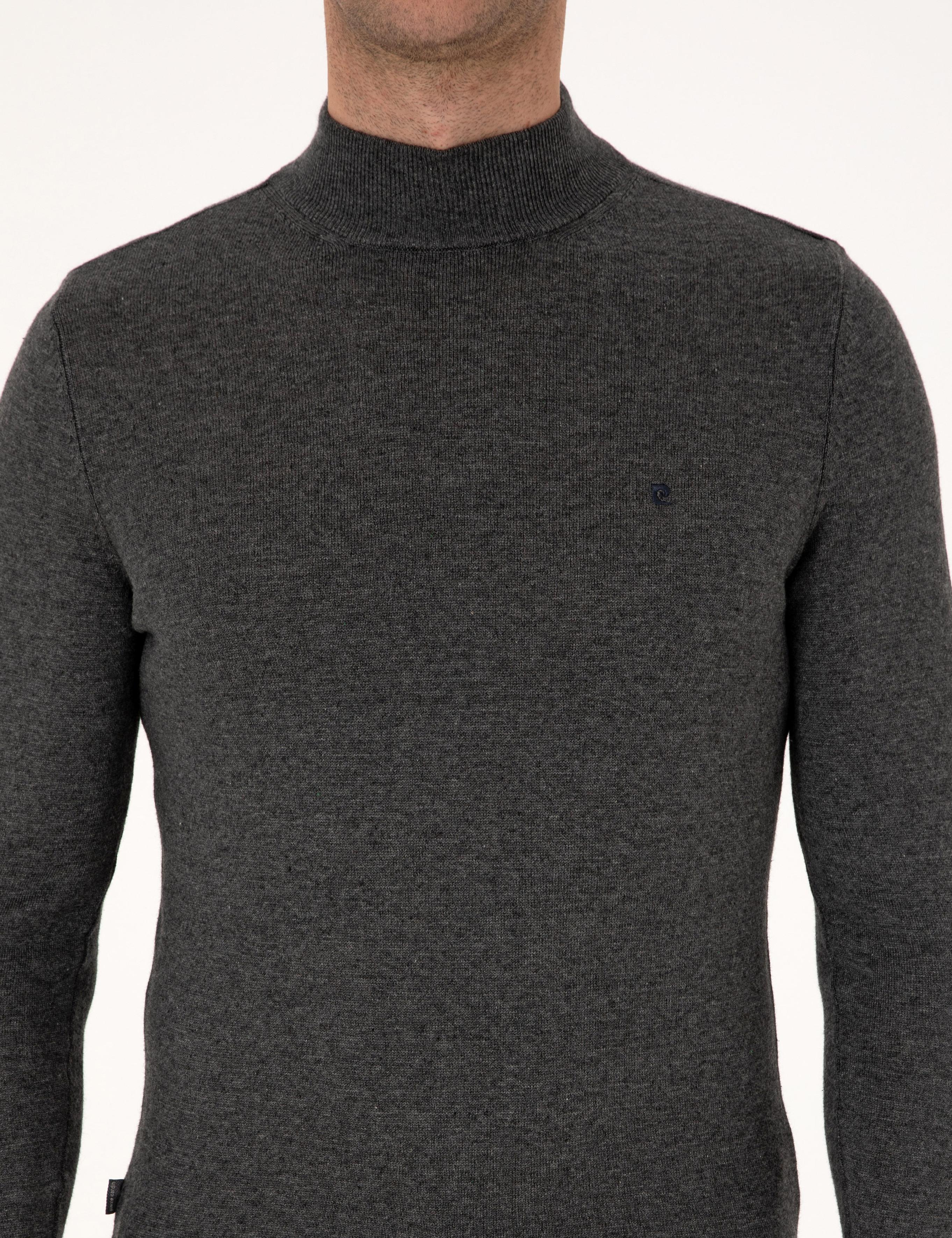 Antrasit Melanj  Slim Fit Yarım Balıkçı Yaka Basic Triko Kazak