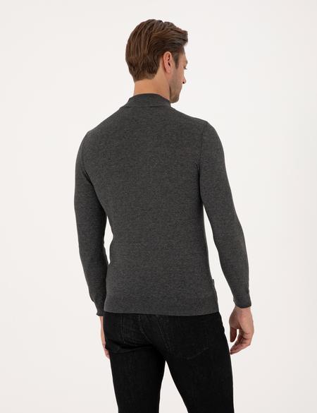Antrasit Melanj  Slim Fit Yarım Balıkçı Yaka Basic Triko Kazak - 50314176119