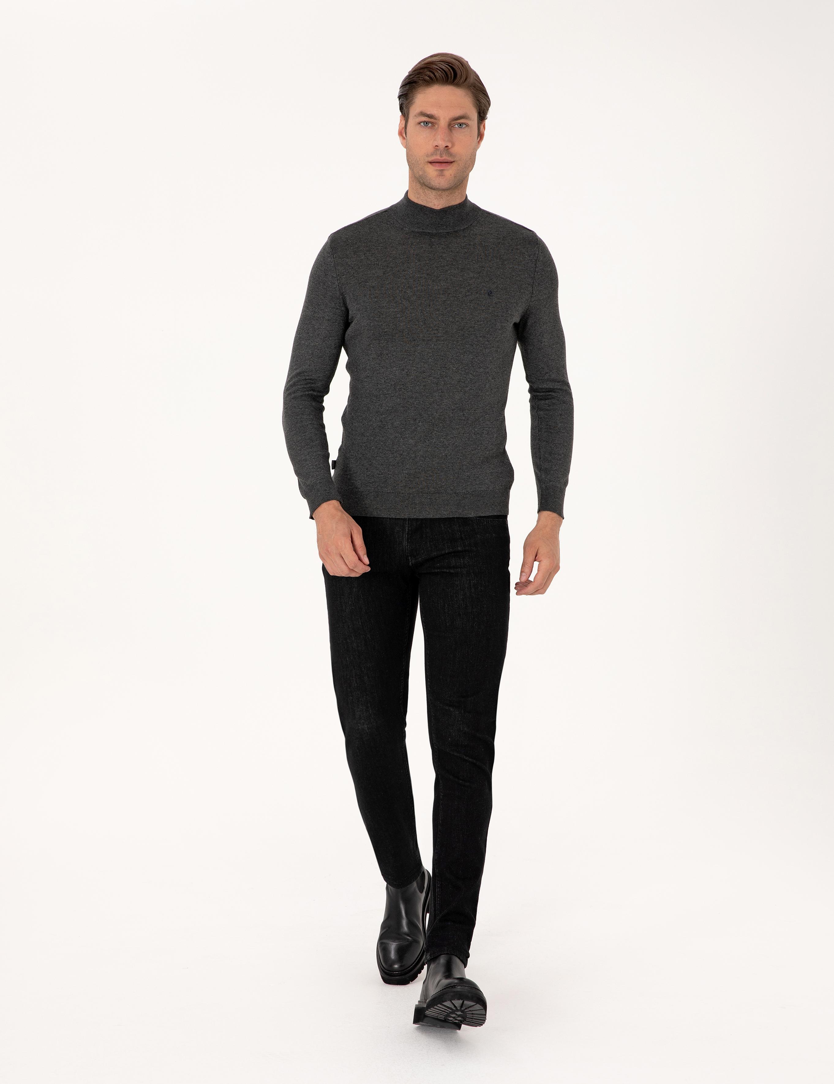 Antrasit Melanj  Slim Fit Yarım Balıkçı Yaka Basic Triko Kazak