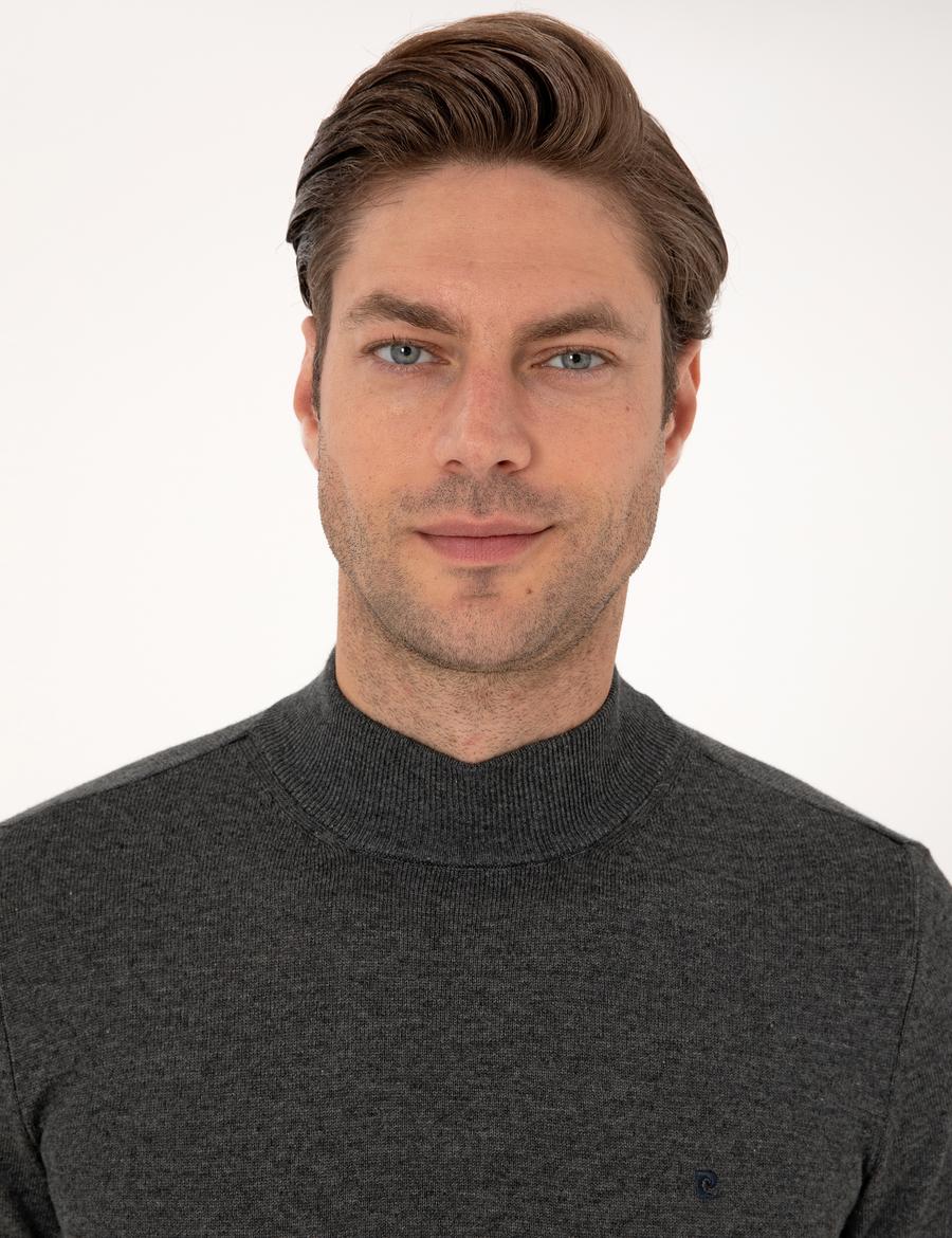 Antrasit Melanj  Slim Fit Yarım Balıkçı Yaka Basic Triko Kazak