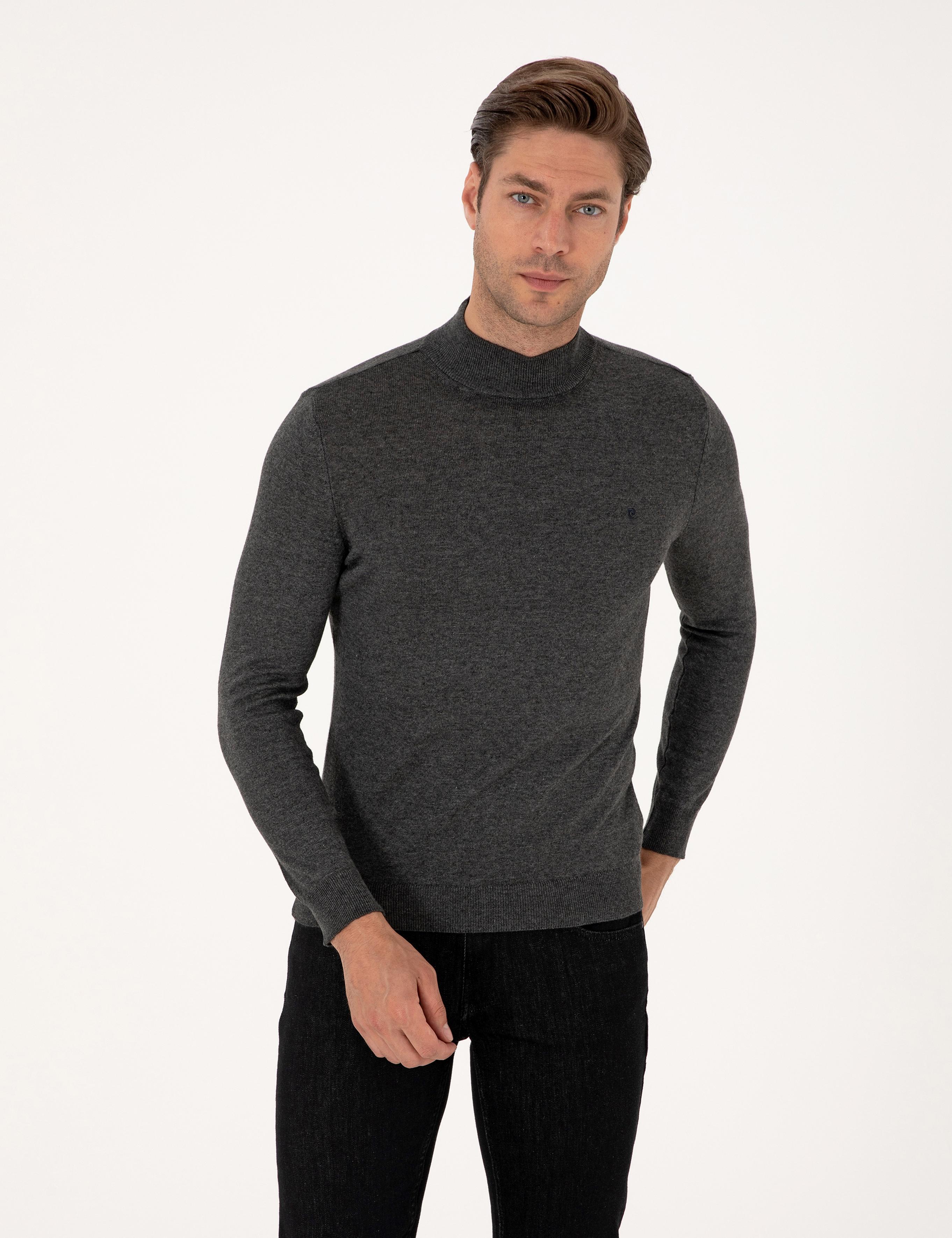 Antrasit Melanj  Slim Fit Yarım Balıkçı Yaka Basic Triko Kazak