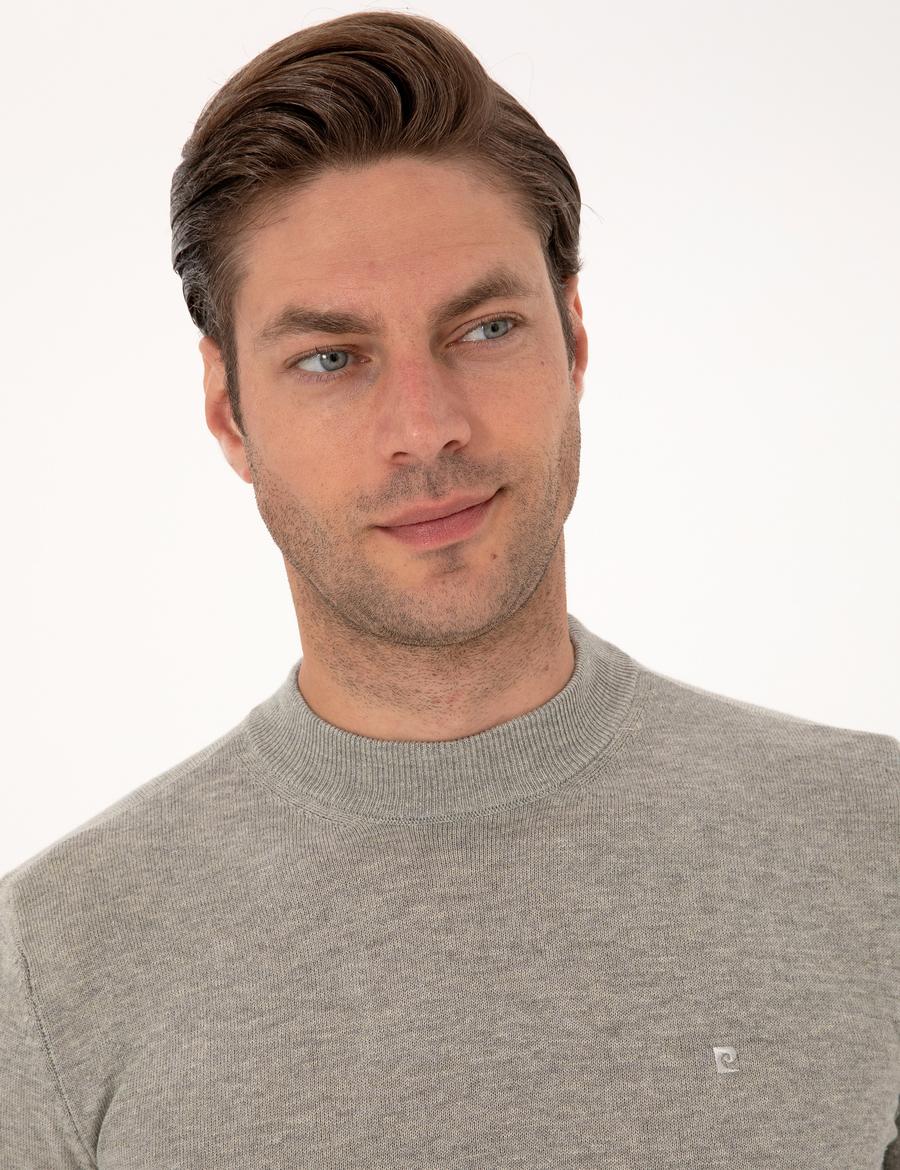 Açık Gri Melanj  Slim Fit Çeyrek Yaka Basic Triko Kazak