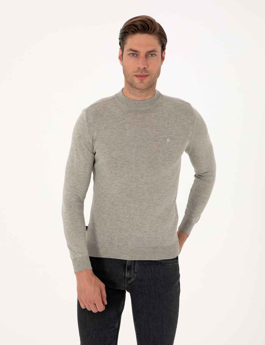 Açık Gri Melanj  Slim Fit Çeyrek Yaka Basic Triko Kazak