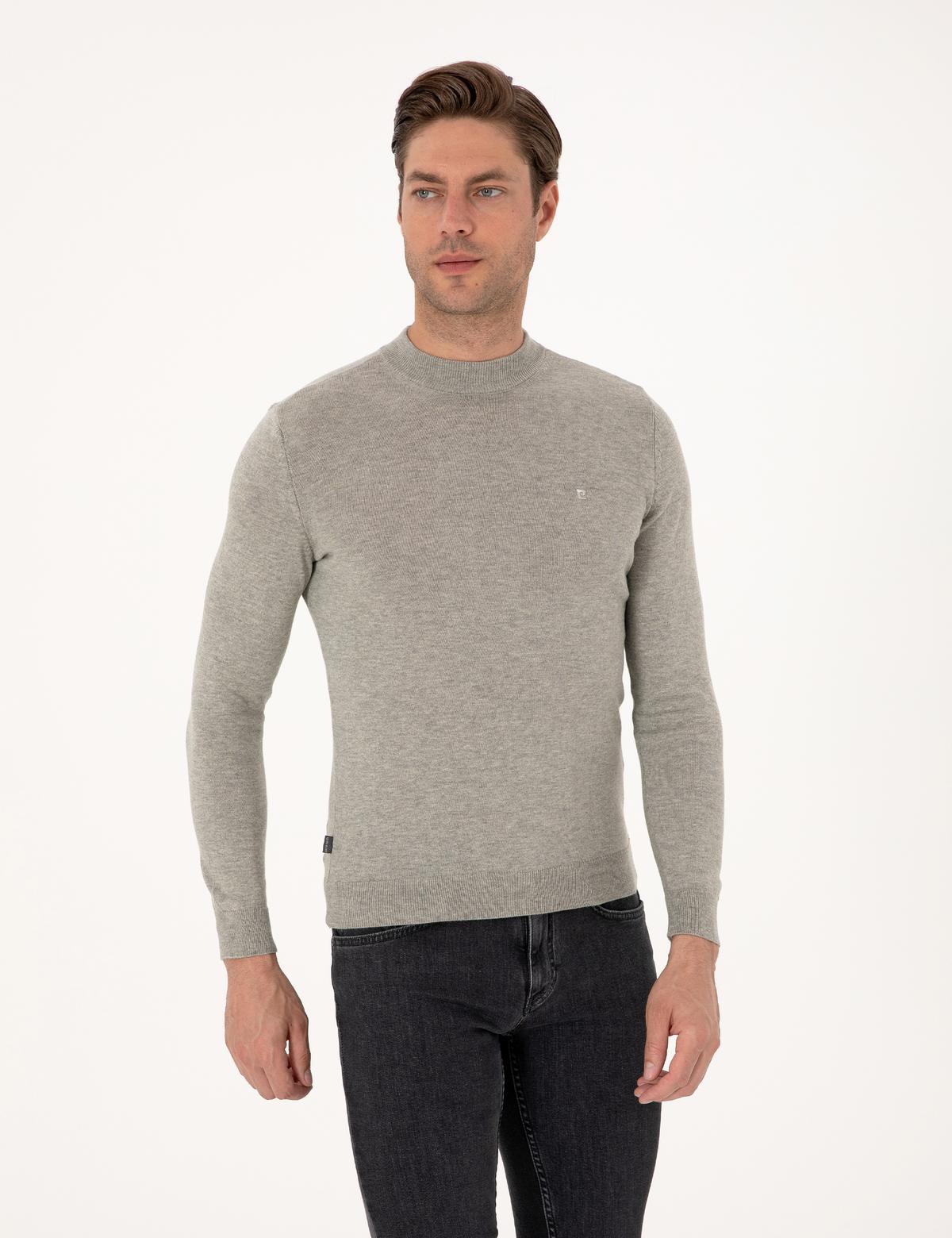 Açık Gri Melanj  Slim Fit Çeyrek Yaka Basic Triko Kazak - 50314188066