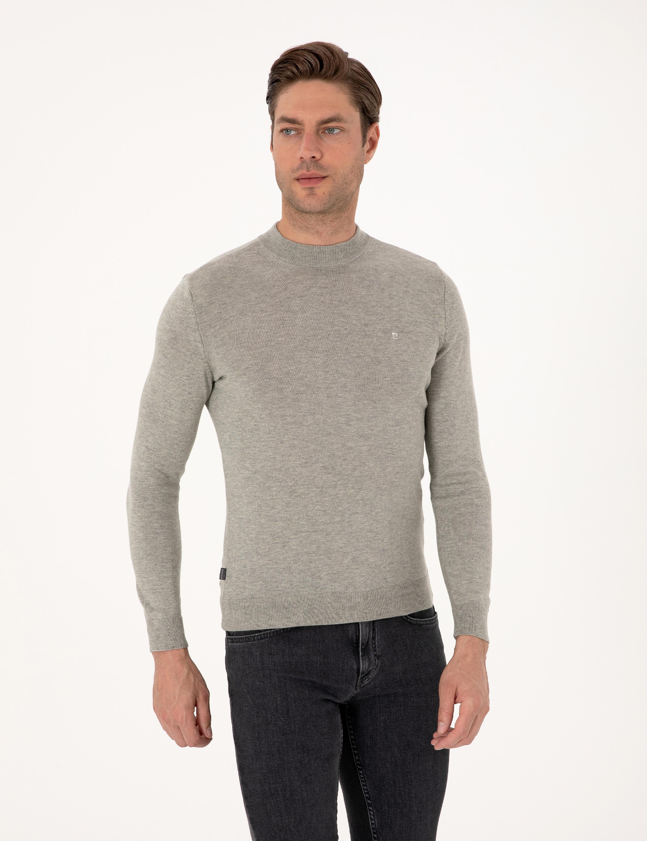 Açık Gri Melanj  Slim Fit Çeyrek Yaka Basic Triko Kazak