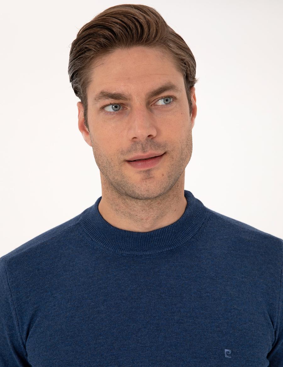 İndigo Melanj Slim Fit Çeyrek Yaka Basic Triko Kazak