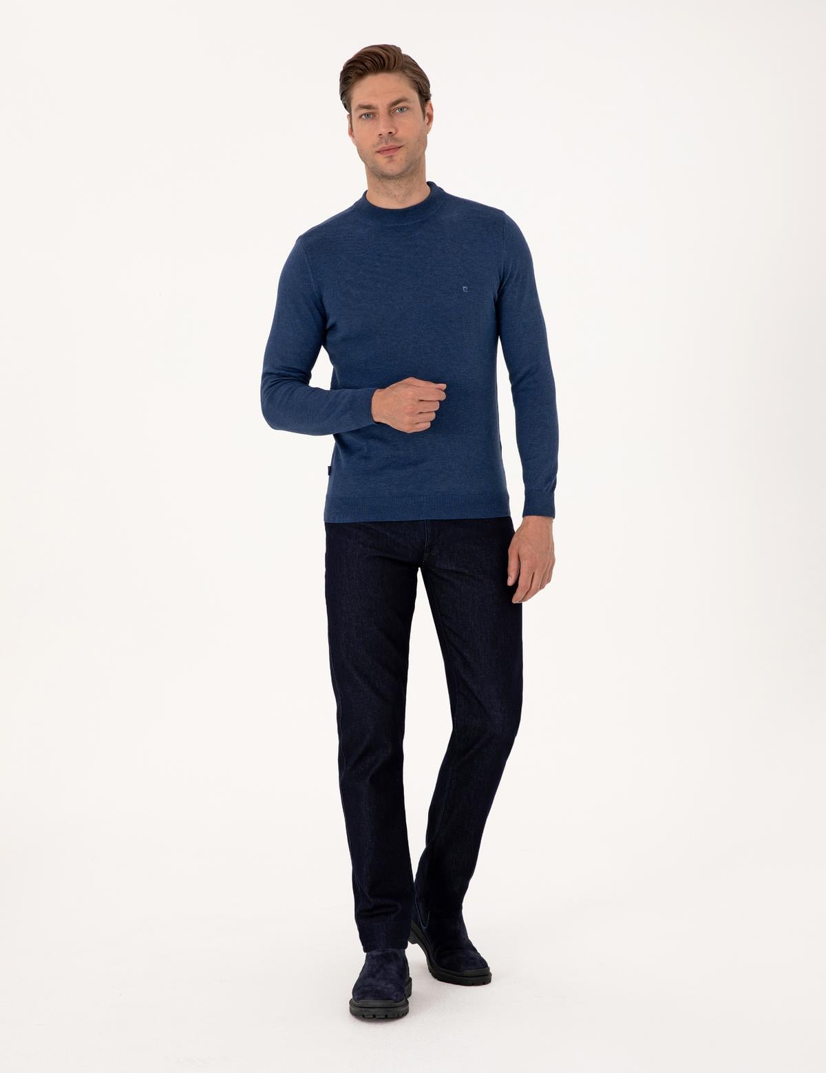 İndigo Melanj Slim Fit Çeyrek Yaka Basic Triko Kazak - 50314188077