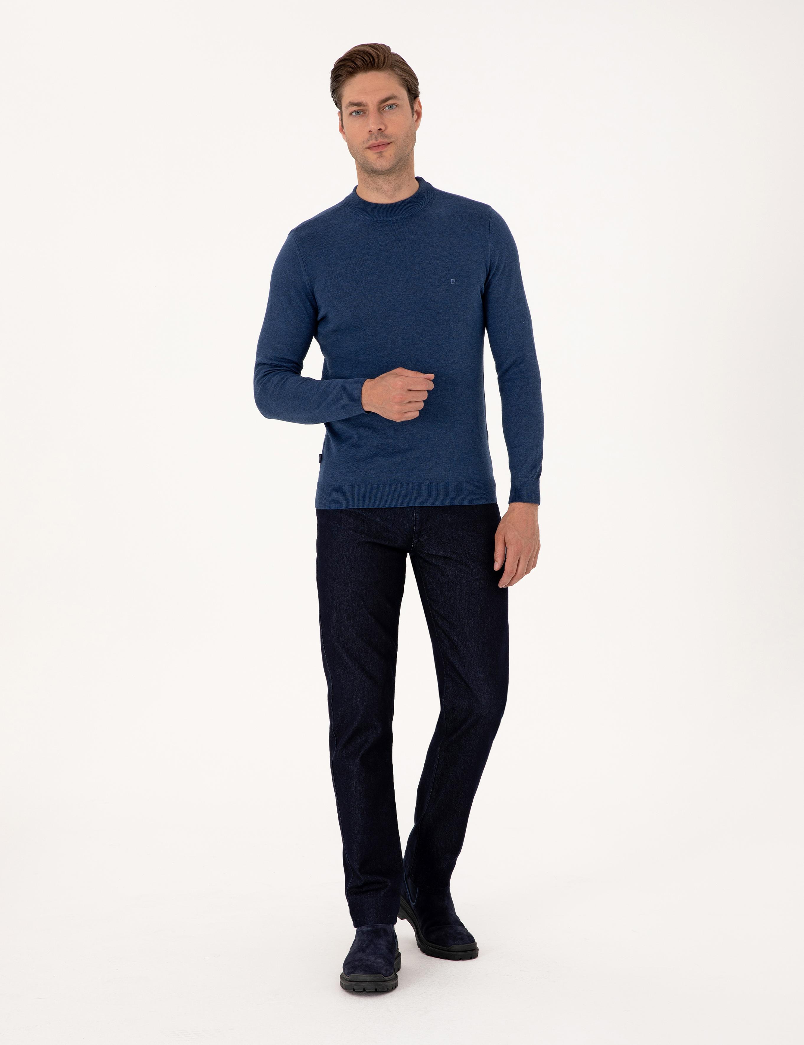 İndigo Melanj Slim Fit Çeyrek Yaka Basic Triko Kazak