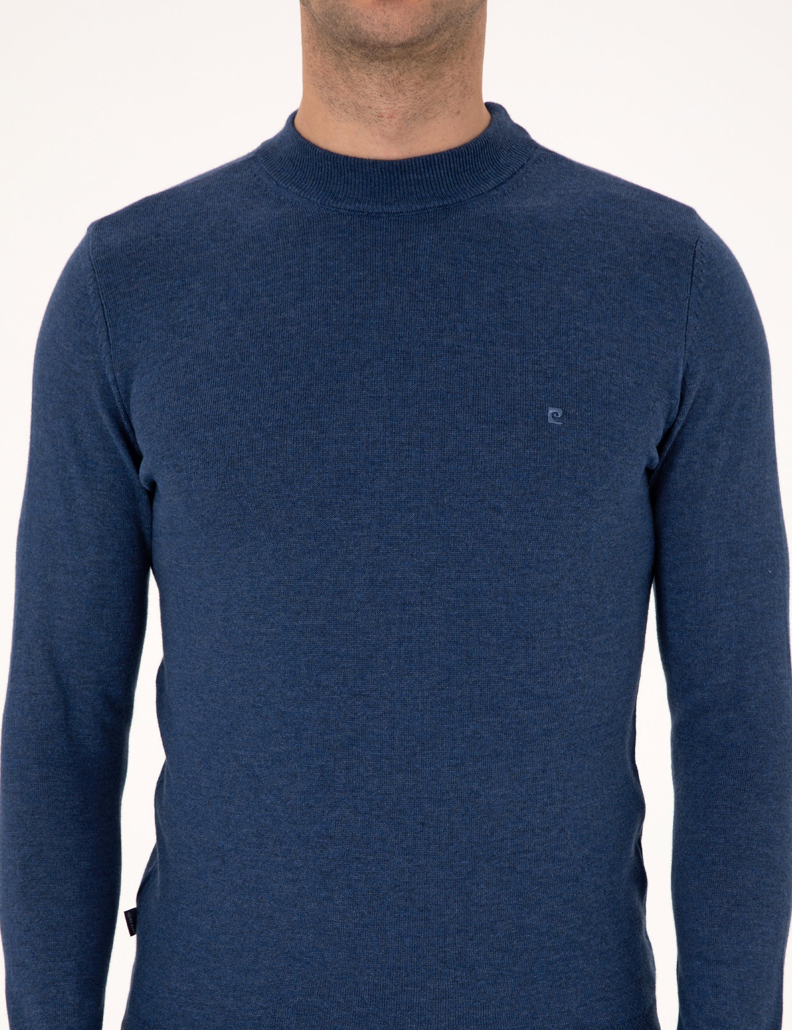 İndigo Melanj Slim Fit Çeyrek Yaka Basic Triko Kazak