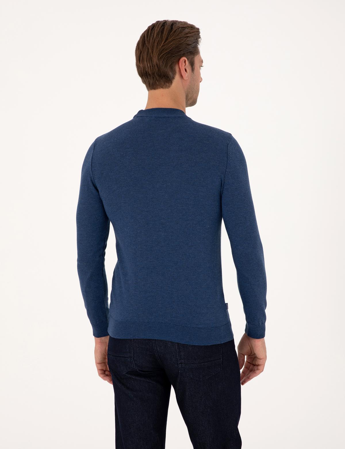 İndigo Melanj Slim Fit Çeyrek Yaka Basic Triko Kazak - 50314188077