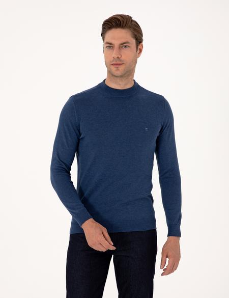 İndigo Melanj Slim Fit Çeyrek Yaka Basic Triko Kazak - 50314188077