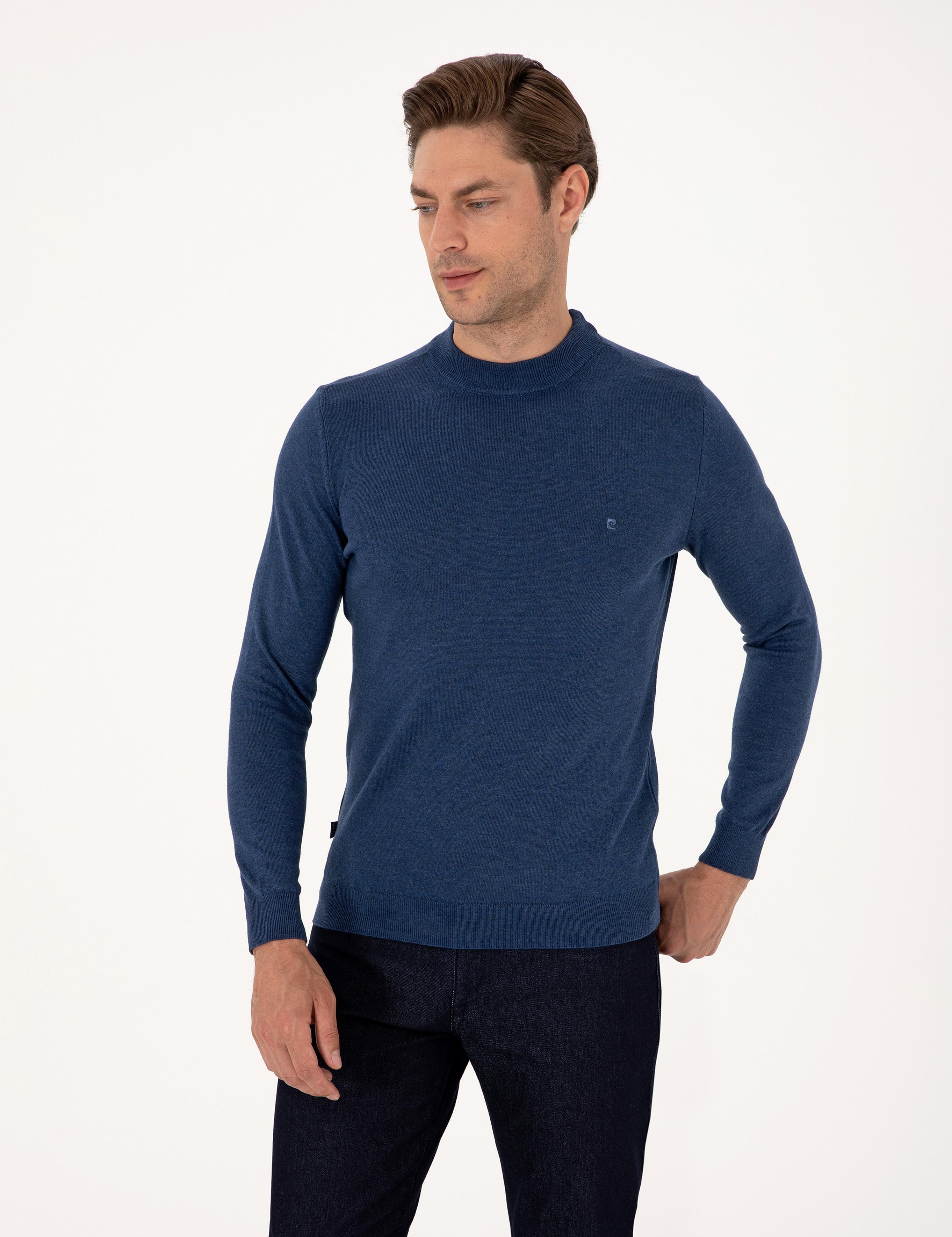 İndigo Melanj Slim Fit Çeyrek Yaka Basic Triko Kazak