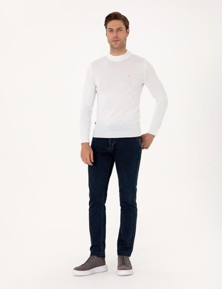 Ekru Slim Fit Çeyrek Yaka Basic Triko Kazak - 50314188027