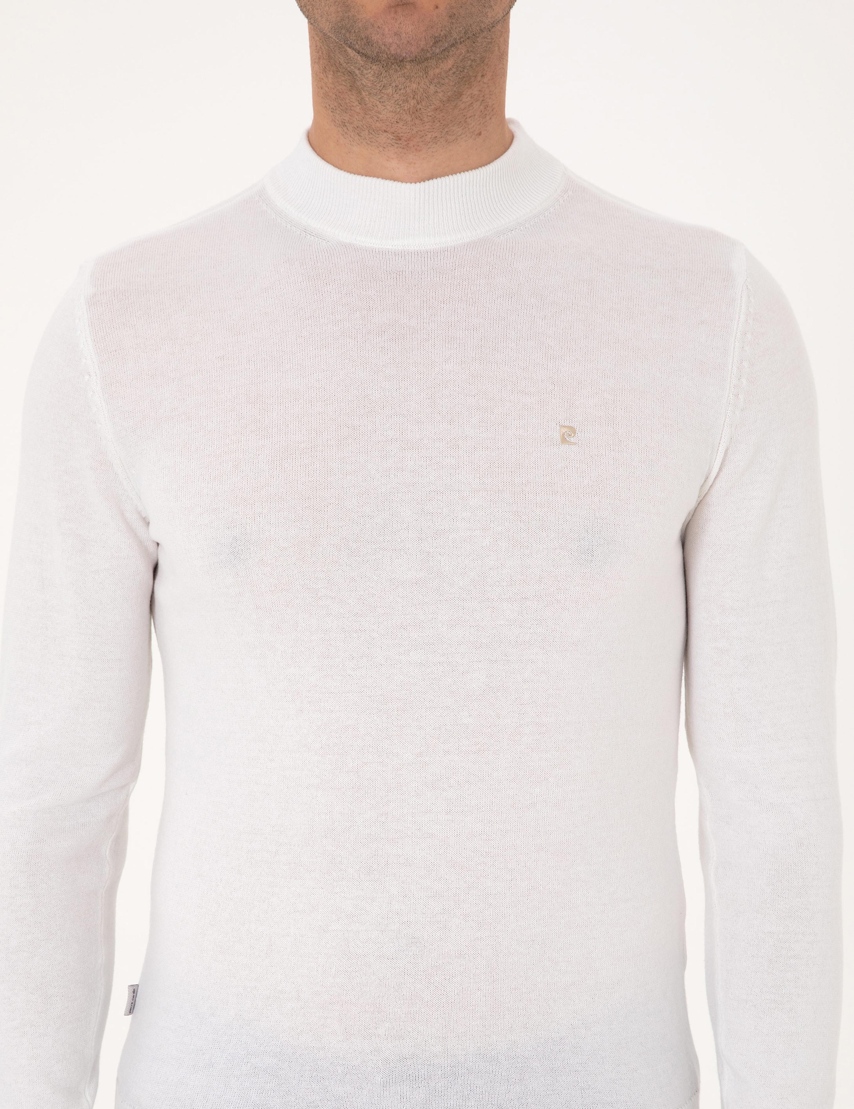 Ekru Slim Fit Çeyrek Yaka Basic Triko Kazak