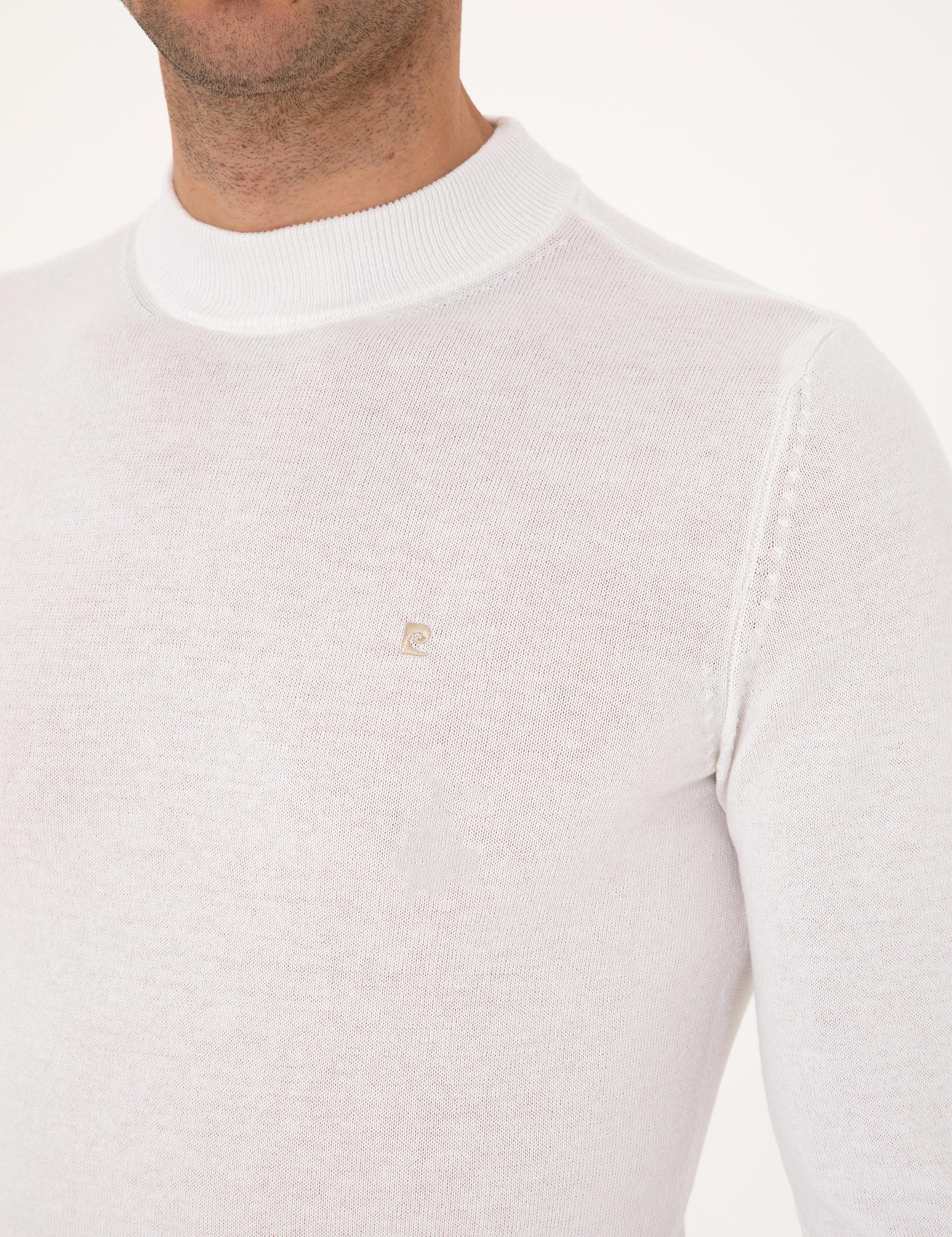 Ekru Slim Fit Çeyrek Yaka Basic Triko Kazak