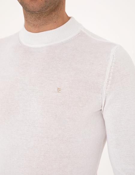 Ekru Slim Fit Çeyrek Yaka Basic Triko Kazak - 50314188027