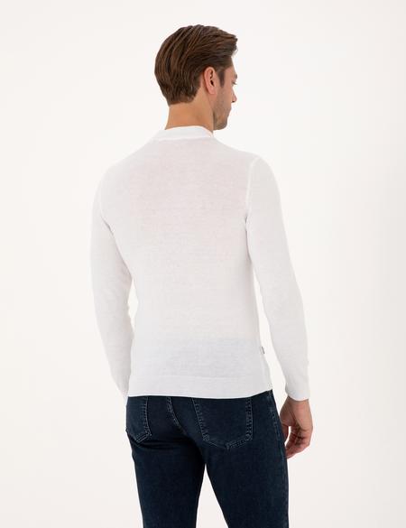 Ekru Slim Fit Çeyrek Yaka Basic Triko Kazak - 50314188027