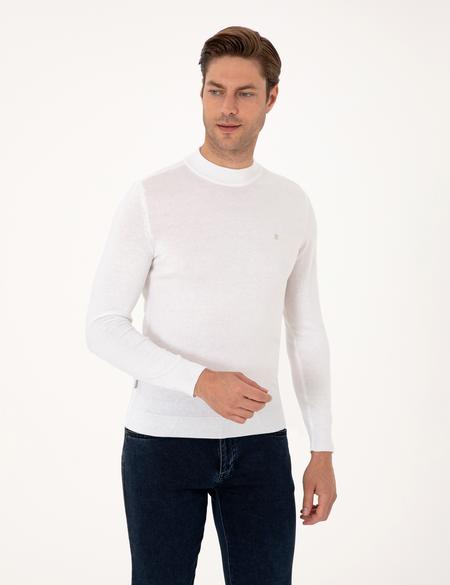 Ekru Slim Fit Çeyrek Yaka Basic Triko Kazak - 50314188027