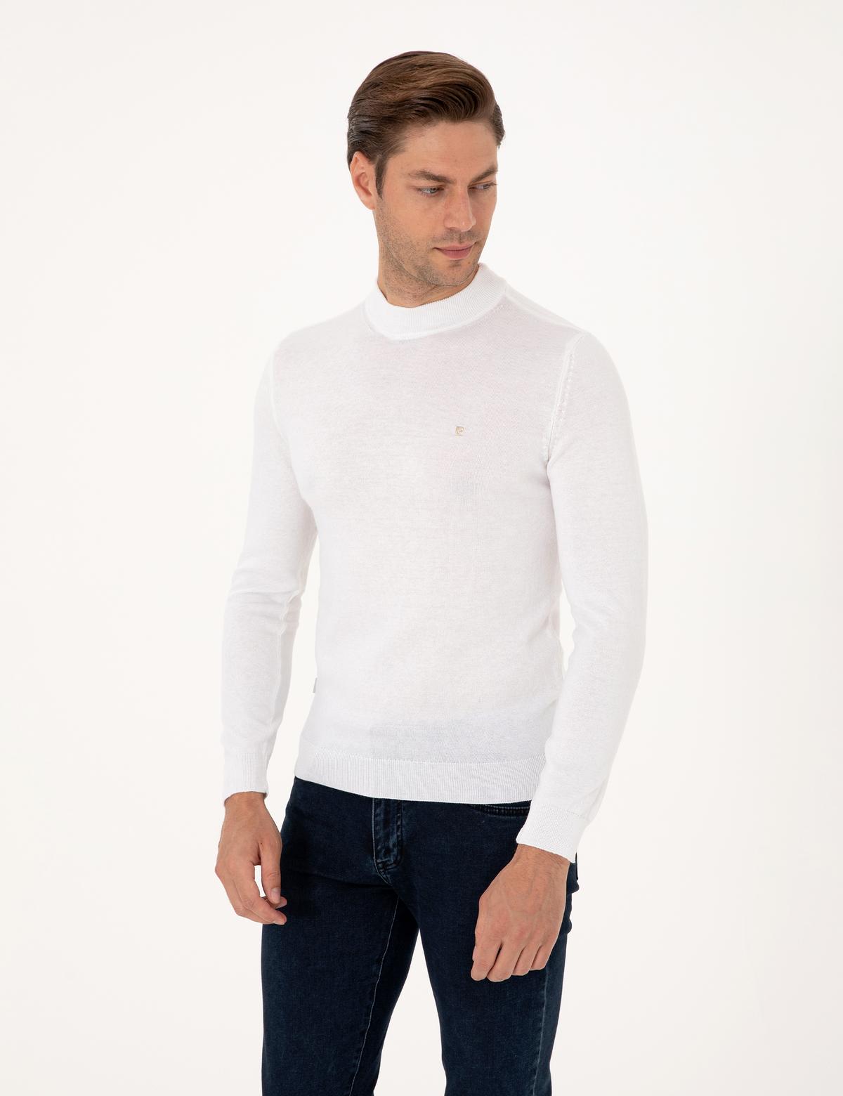 Ekru Slim Fit Çeyrek Yaka Basic Triko Kazak - 50314188027