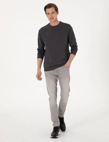 Antrasit 2 İplik Regular Fit Bisiklet Yaka Basic Sweatshirt