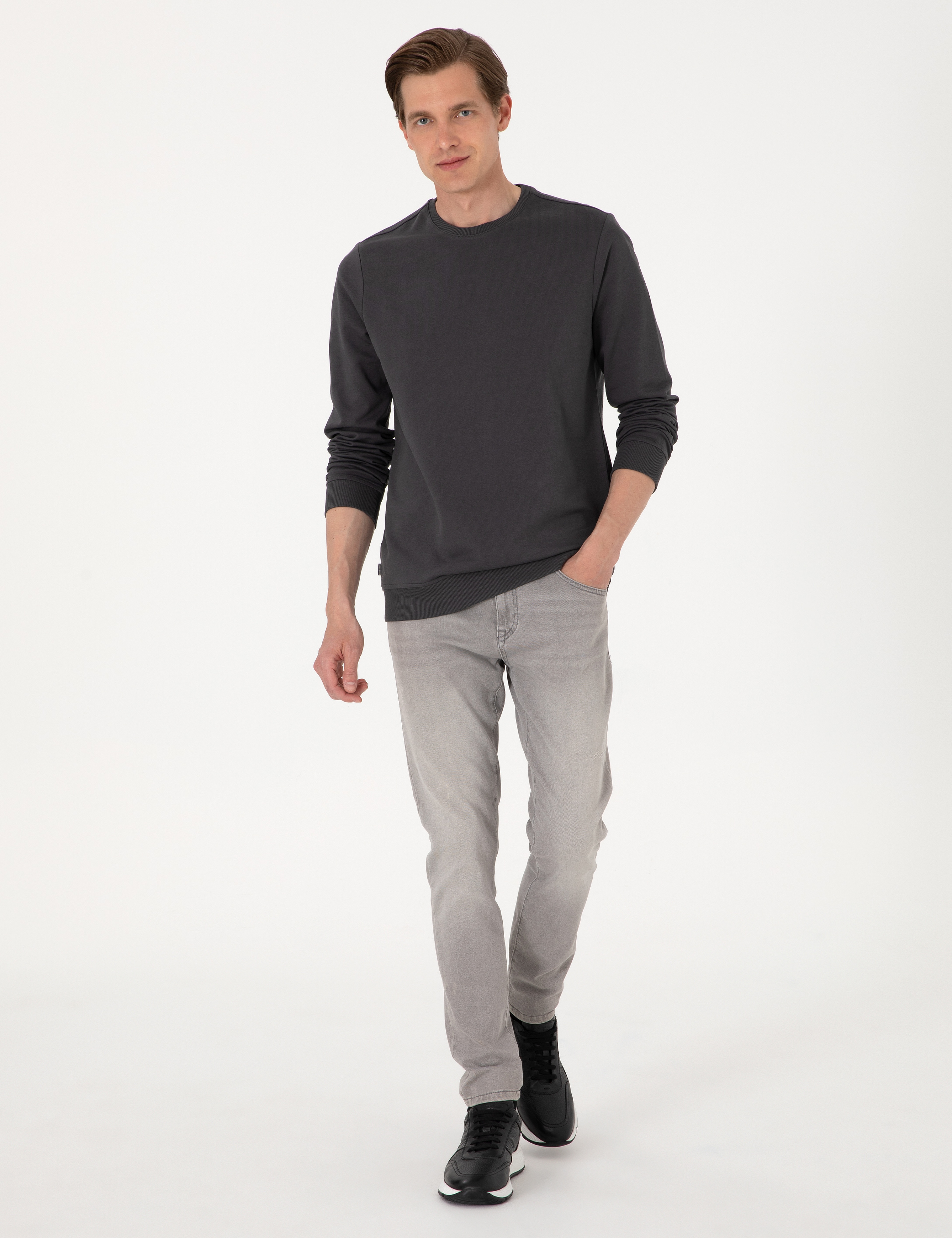 Antrasit 2 İplik Regular Fit Bisiklet Yaka Basic Sweatshirt