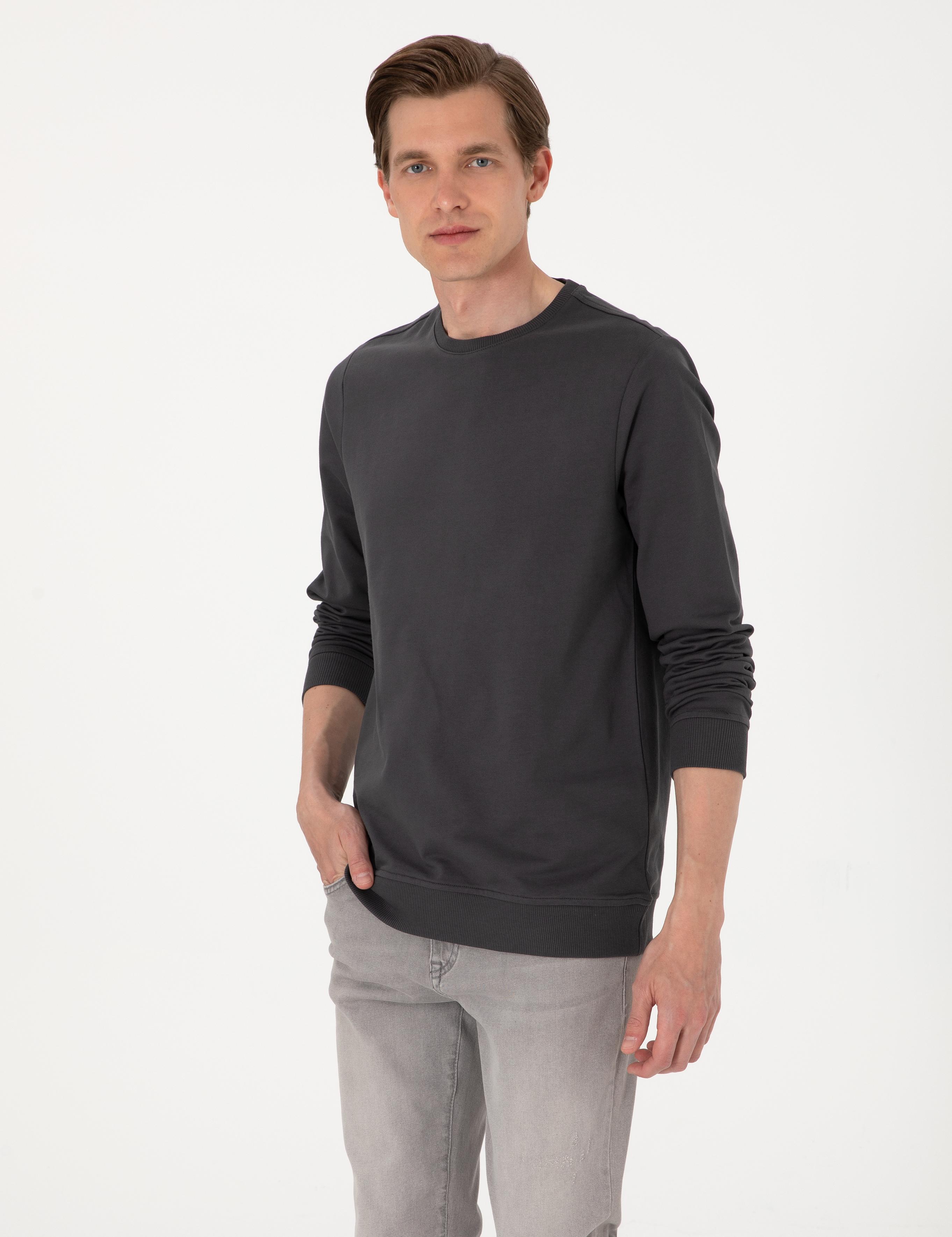 Antrasit 2 İplik Regular Fit Bisiklet Yaka Basic Sweatshirt