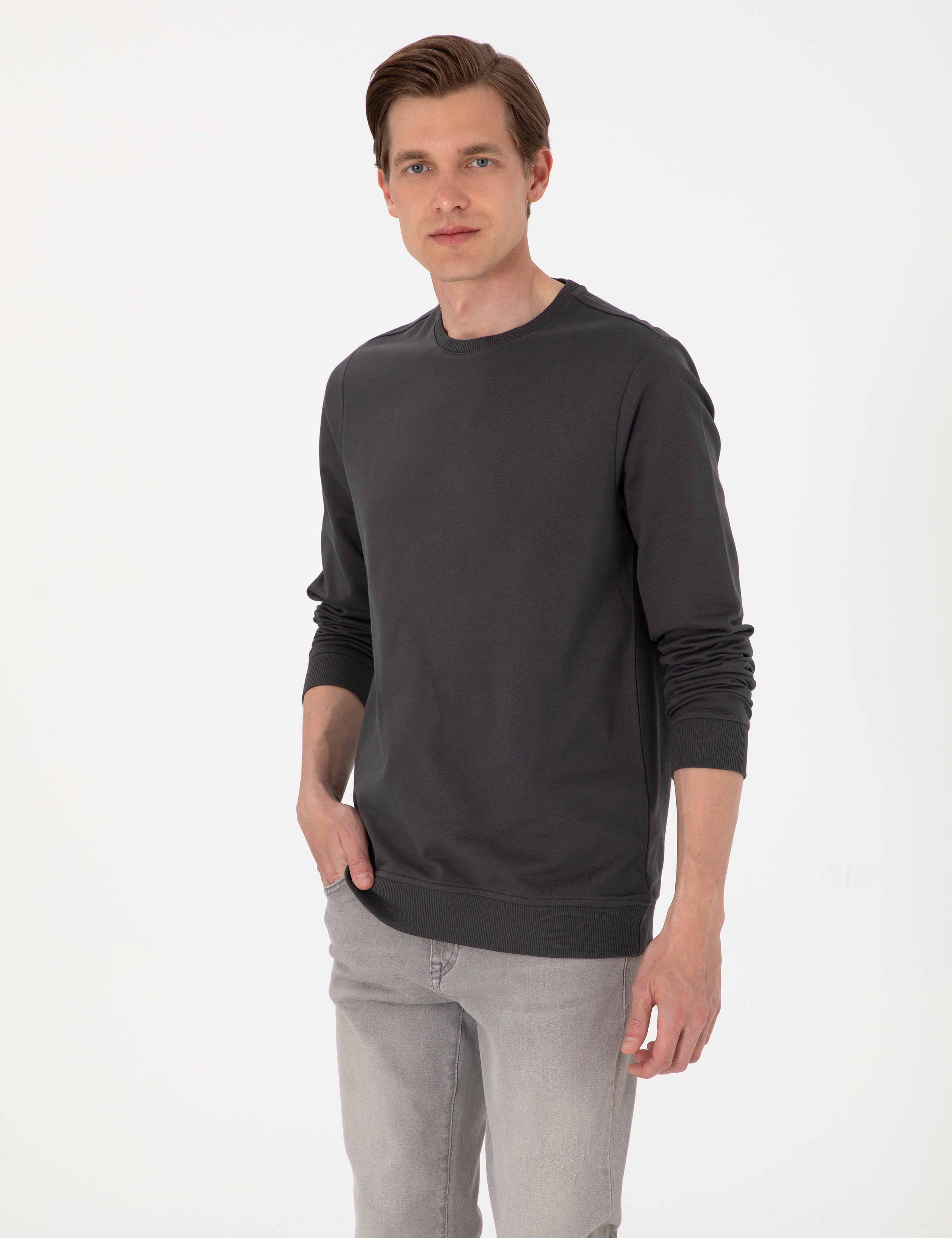 Antrasit 2 İplik Regular Fit Bisiklet Yaka Basic Sweatshirt