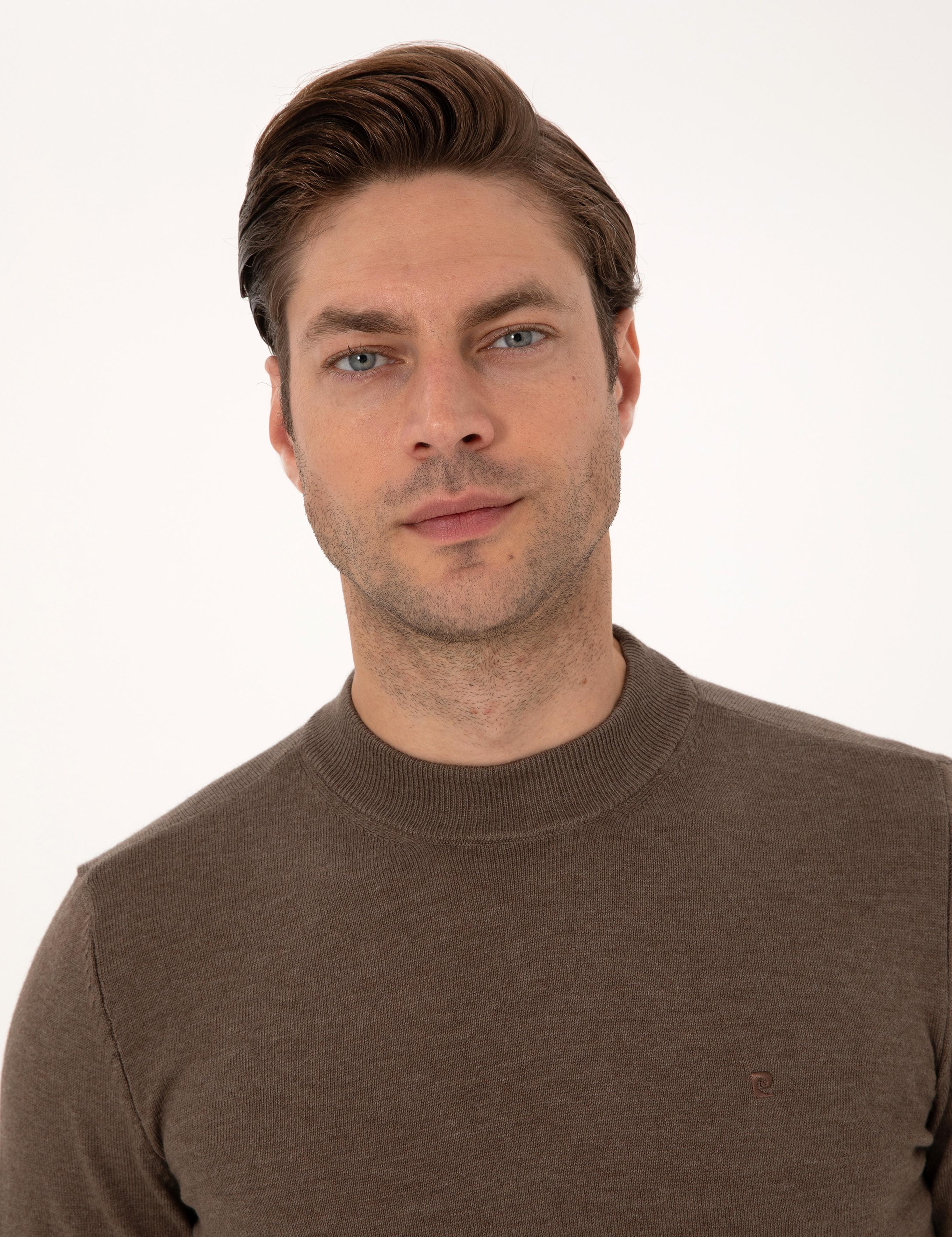 Vizon Melanj Slim Fit Çeyrek Yaka Basic Triko Kazak