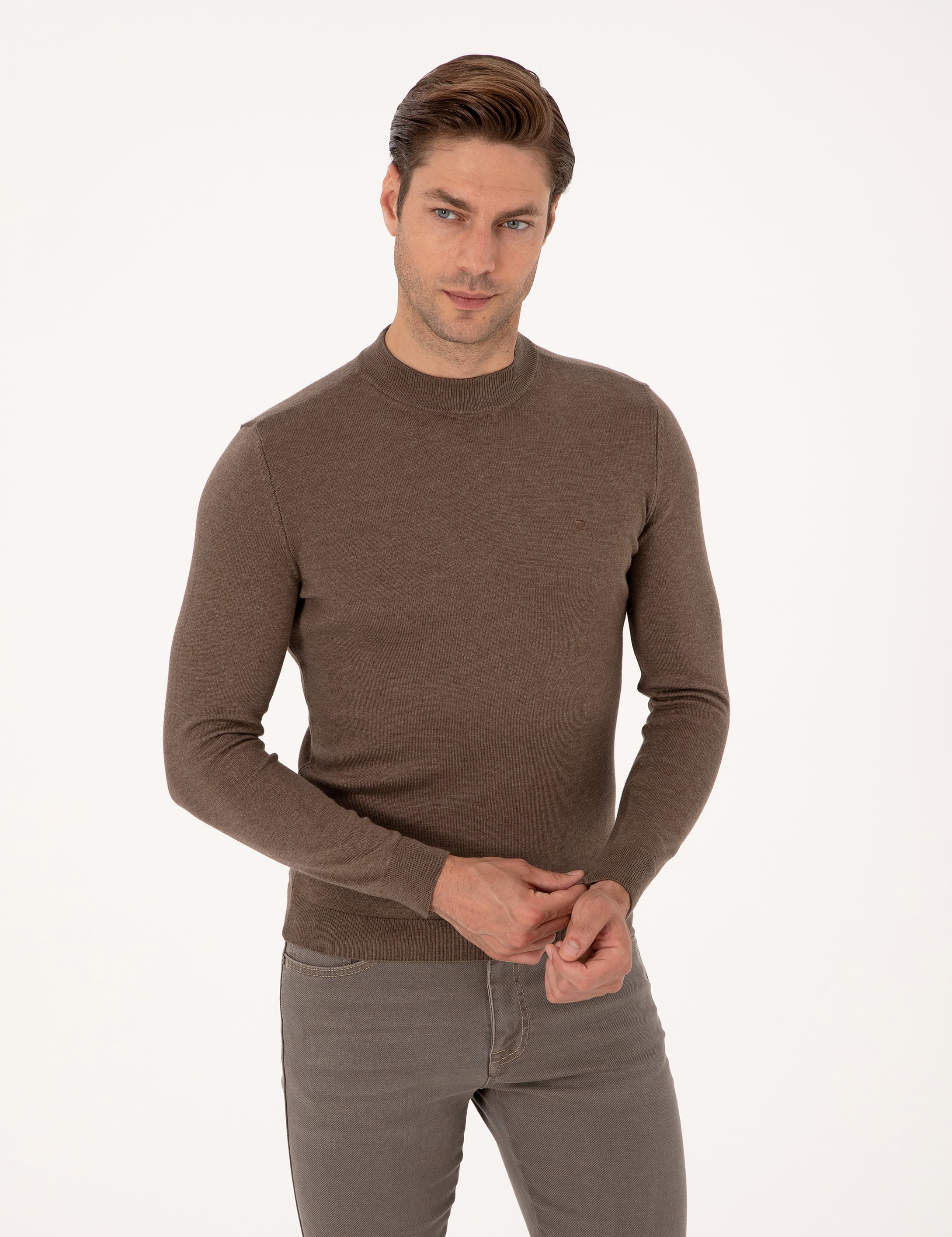 Vizon Melanj Slim Fit Çeyrek Yaka Basic Triko Kazak