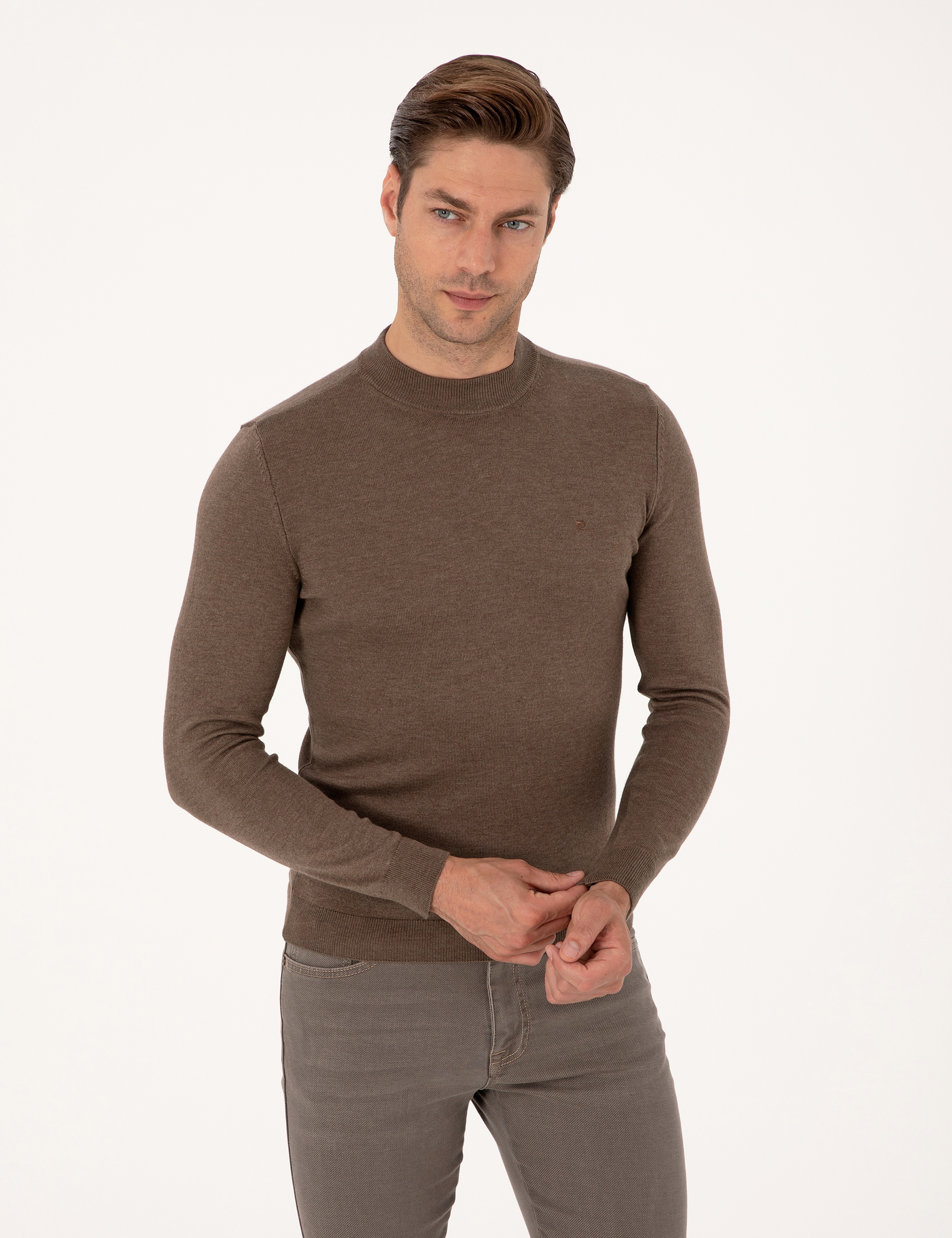 Vizon Melanj Slim Fit Çeyrek Yaka Basic Triko Kazak