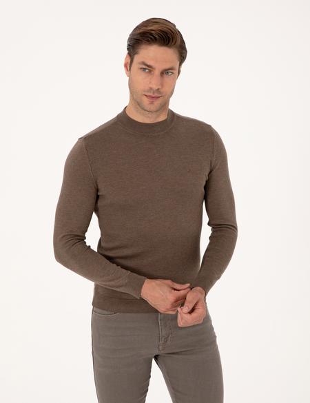 Vizon Melanj Slim Fit Çeyrek Yaka Basic Triko Kazak - 50314188106