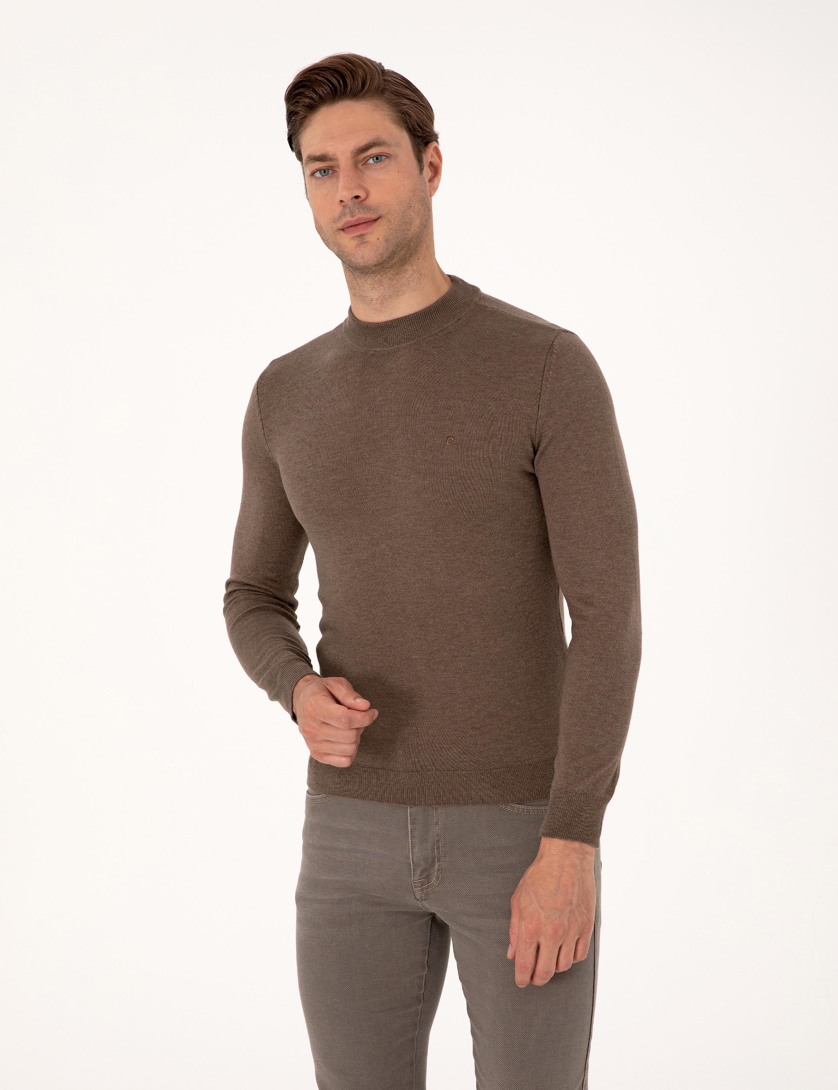 Vizon Melanj Slim Fit Çeyrek Yaka Basic Triko Kazak