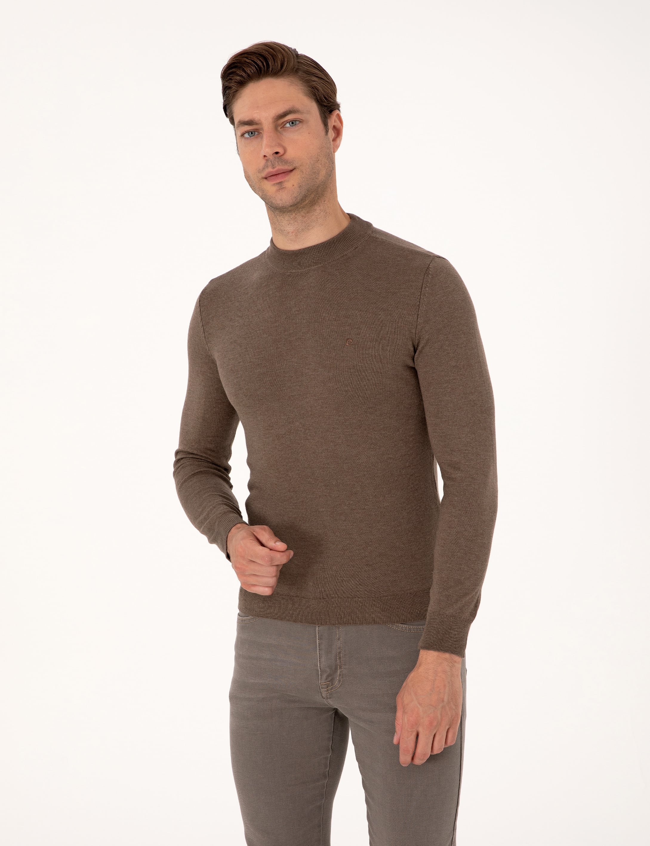Vizon Melanj Slim Fit Çeyrek Yaka Basic Triko Kazak