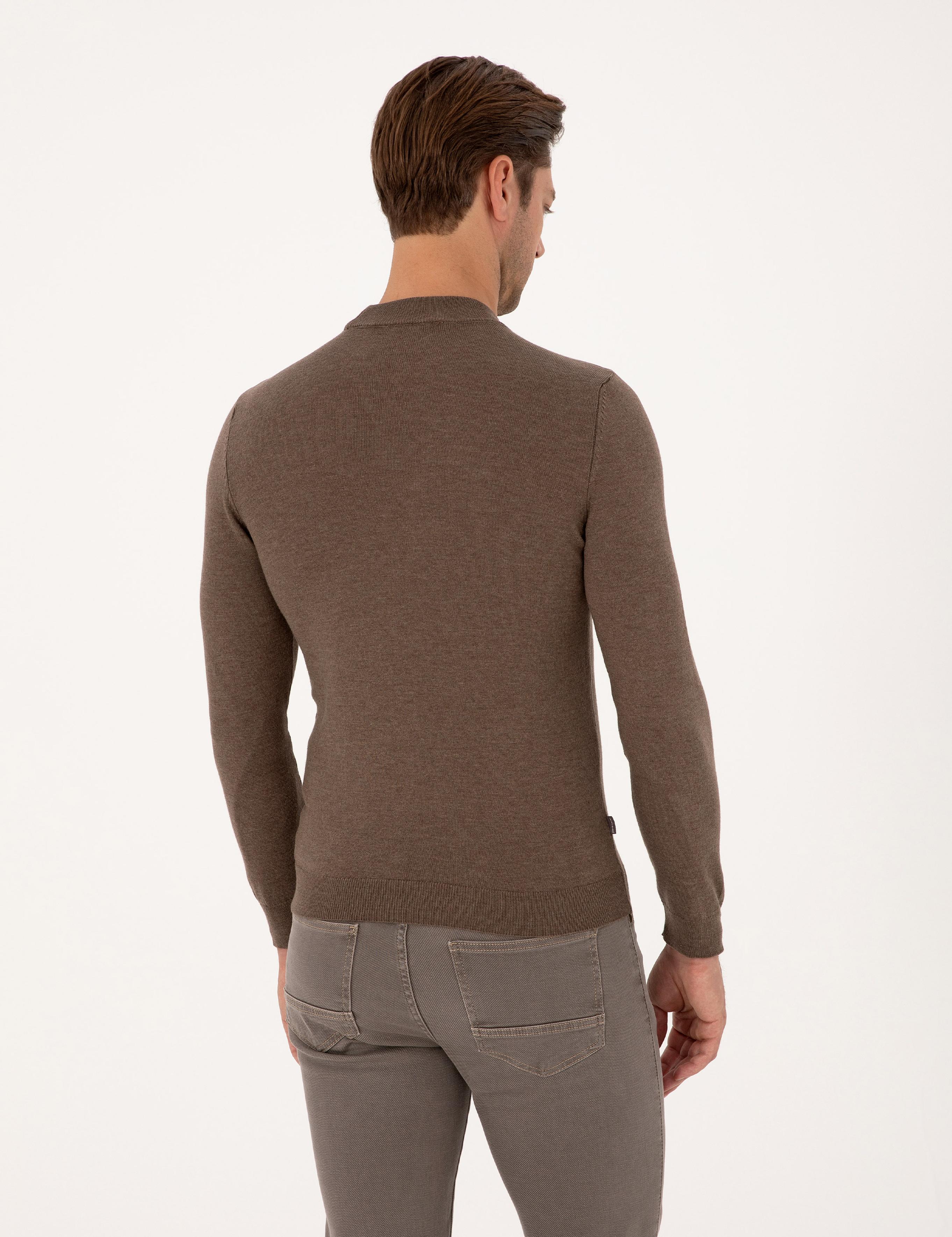 Vizon Melanj Slim Fit Çeyrek Yaka Basic Triko Kazak